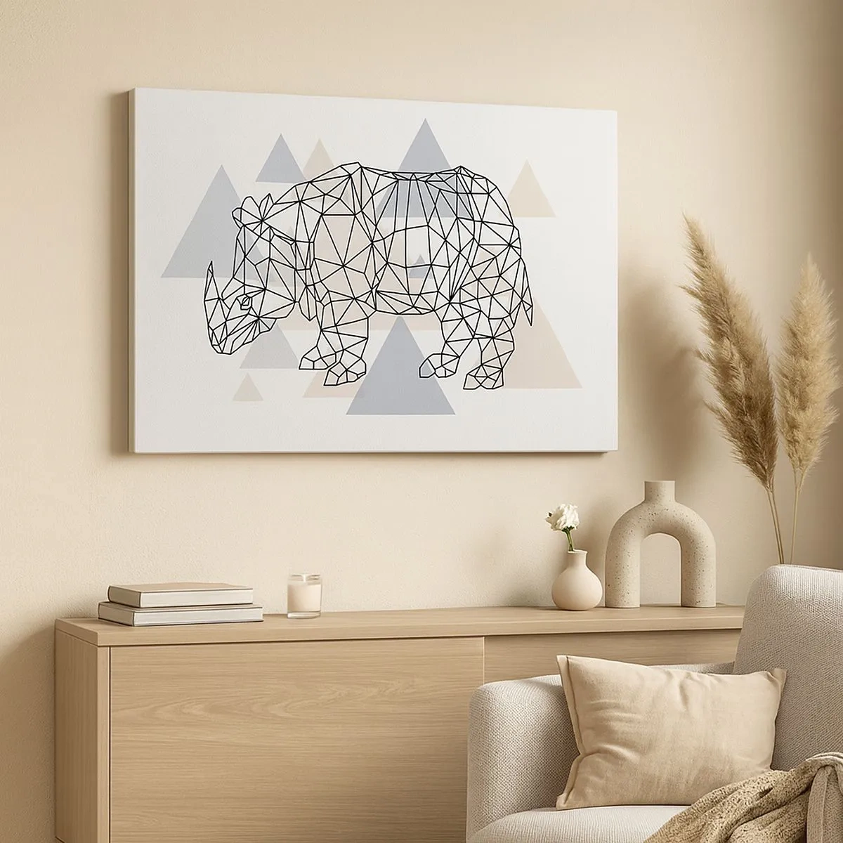 Bild auf Leinwand - Leinwandbild - Geometrisches Nashorn auf einem Hintergrund aus zarten Dreiecken - 70x50cm - Struktur der Stärke - Moderne Wanddekoration für Wohnzimmer und Schlafzimmer ARTTOR