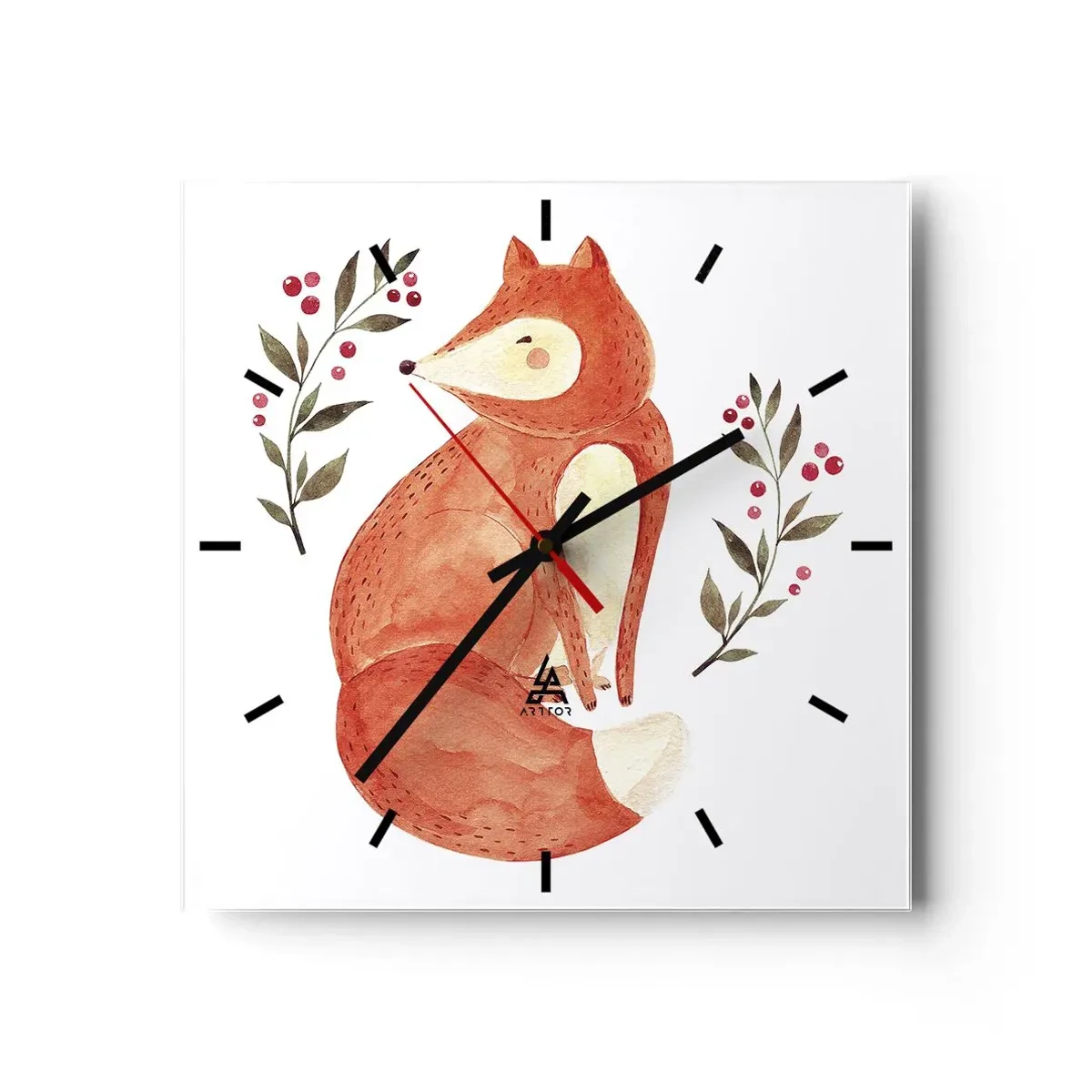Wanduhr - Glasuhr - Ein Aquarellfuchs, umgeben von Zweigen mit Beeren - 30x30cm - Kleine Rothaarige - Moderne Wanddekoration für Wohnzimmer und Schlafzimmer ARTTOR