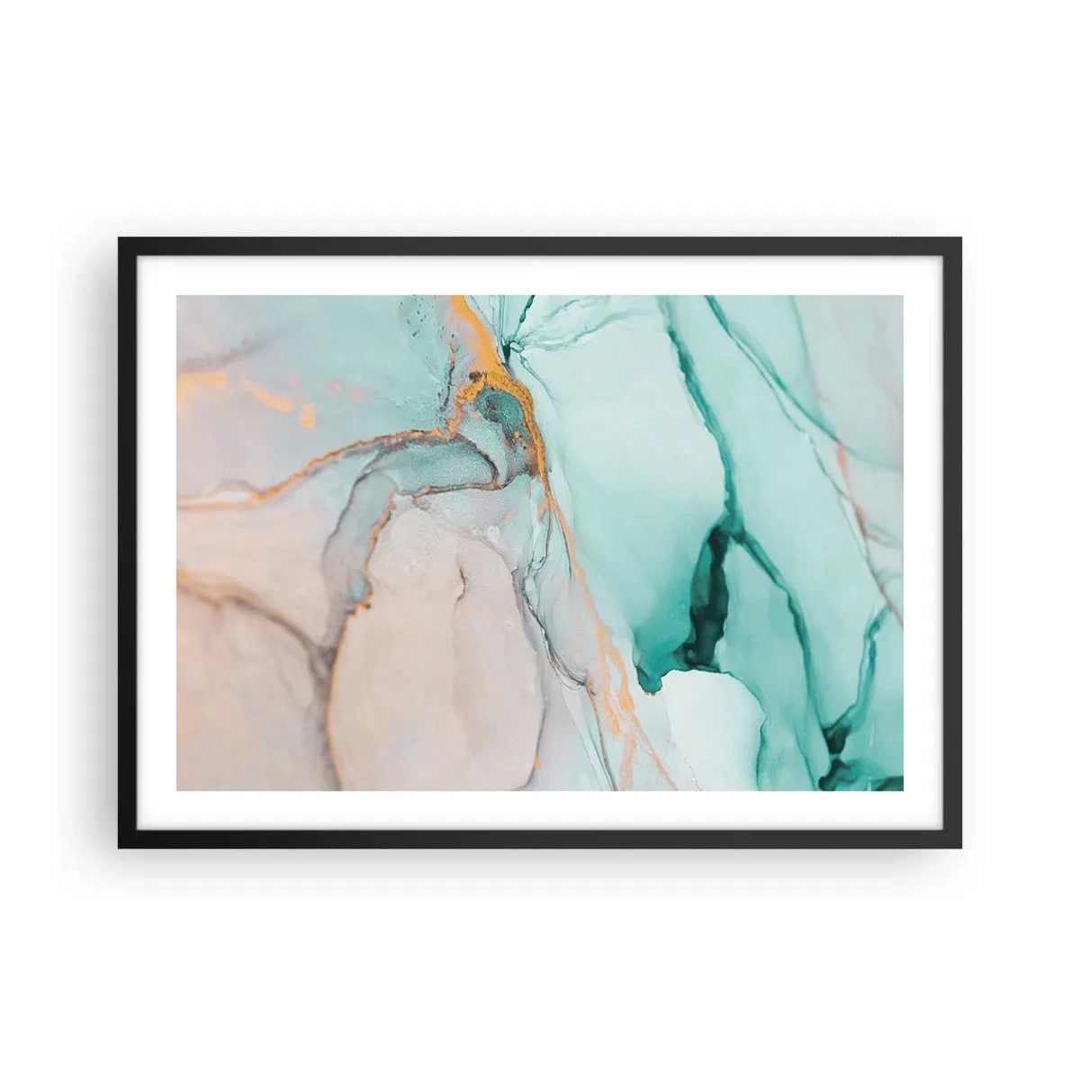 Poster in einem schwarzem Rahmen - Eine abstrakte Komposition in Türkis- und Goldtönen. - 70x50cm - Ein Tanz der Formen und Farben - Moderne Wanddekoration für Wohnzimmer und Schlafzimmer ARTTOR