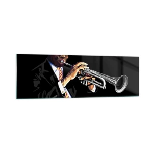 Glasbild - Bild auf glas - Ein Musiker spielt Trompete vor schwarzem Hintergrund - 160x50cm - Charme der alten Schule - Moderne Wanddekoration für Wohnzimmer und Schlafzimmer ARTTOR