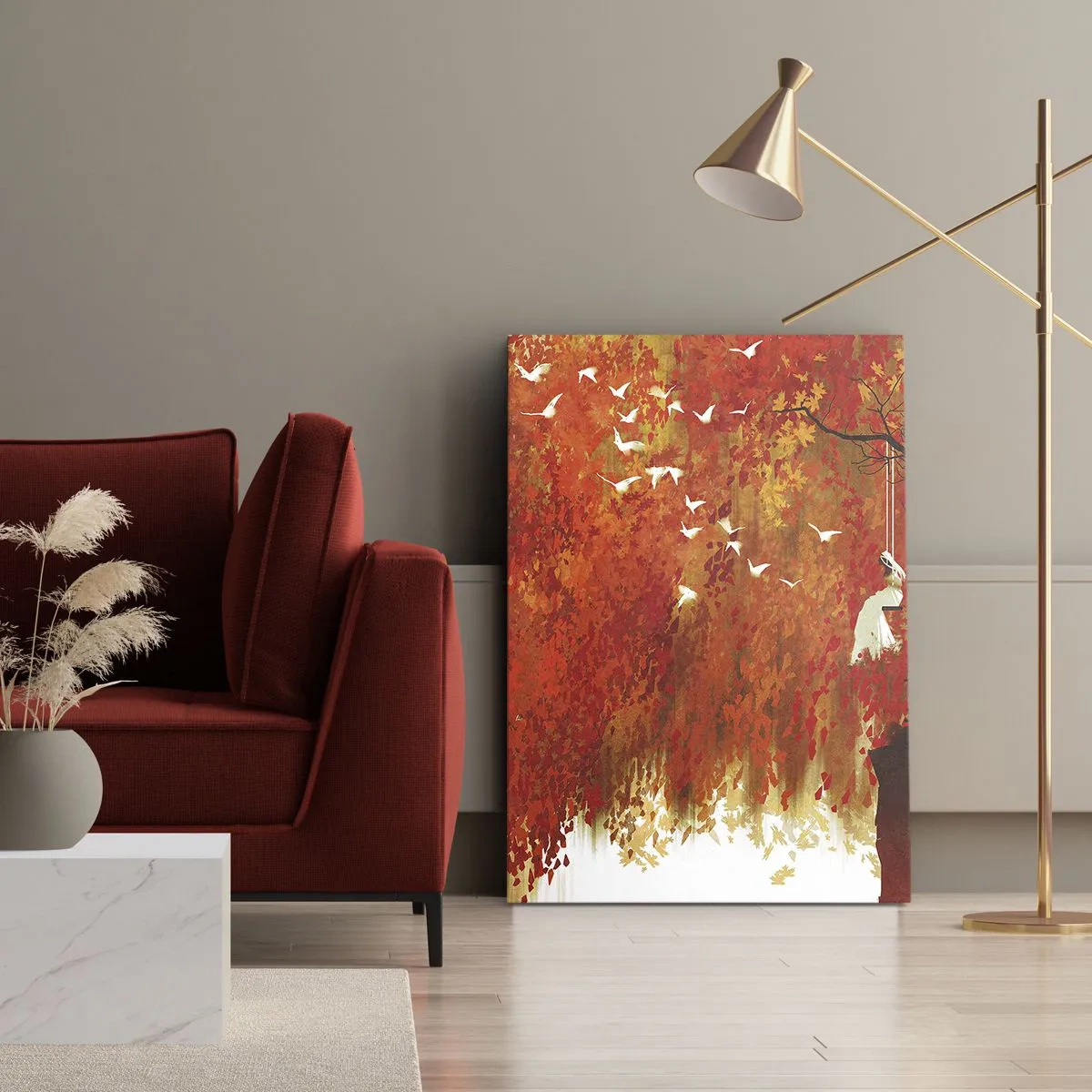 Bild auf Leinwand - Leinwandbild - Eine Figur auf einer Schaukel neben einem Baum, umgeben von roten Blättern - 50x70cm - Wird er mit ihnen fliegen? - Moderne Wanddekoration für Wohnzimmer und Schlafzimmer ARTTOR