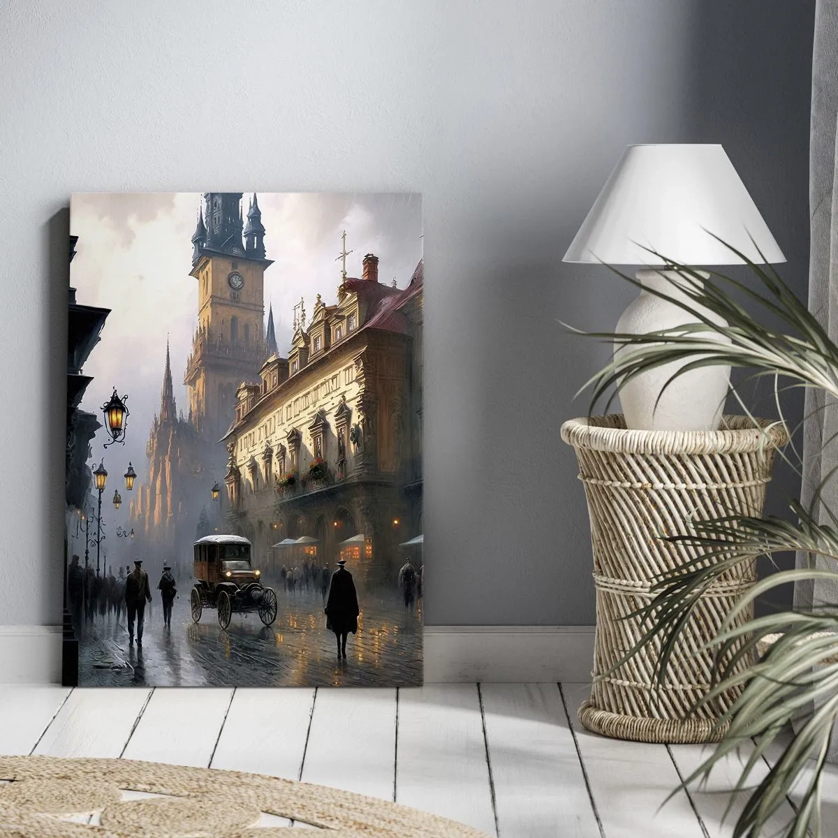 Bild auf Leinwand - Leinwandbild - Abendliche Straßenszene mit historischer Architektur - 70x100cm - Charme eines Prager Abends - Moderne Wanddekoration für Wohnzimmer und Schlafzimmer ARTTOR