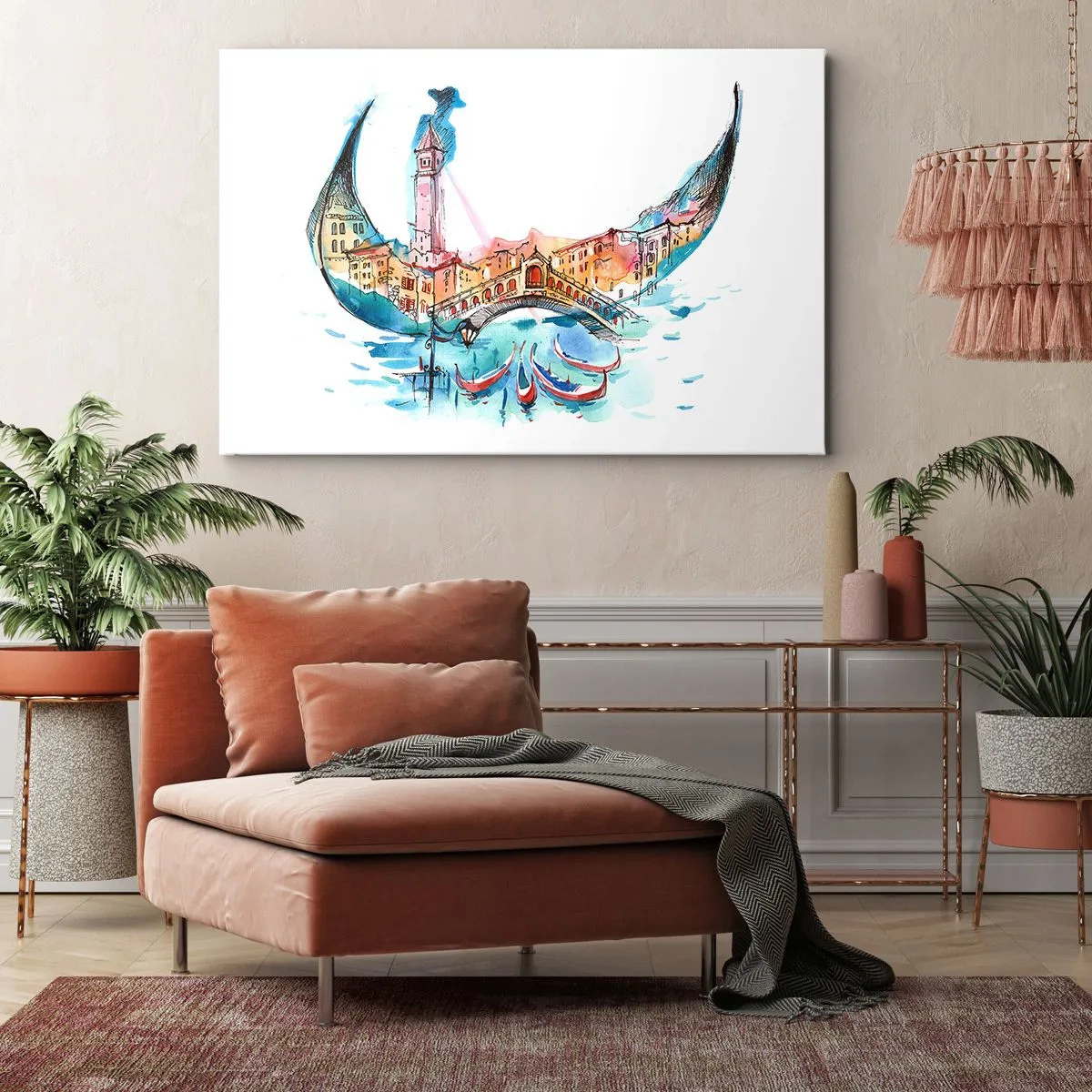 Bild auf Leinwand - Leinwandbild - Eine Aquarellkomposition von Venedig in Form einer Gondel - 120x80cm - Wir segeln durch die Stadt - Moderne Wanddekoration für Wohnzimmer und Schlafzimmer ARTTOR