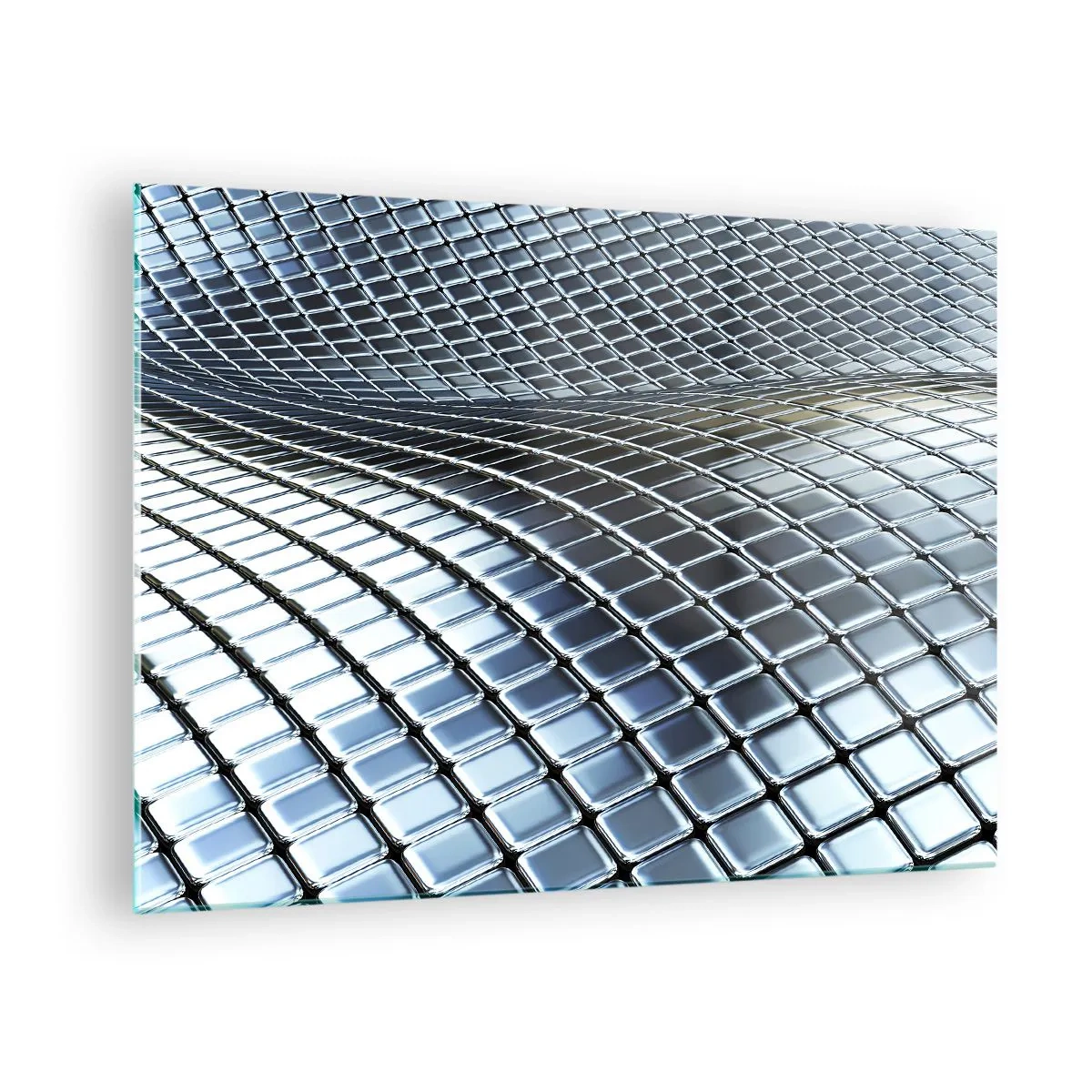 Glasbild - Bild auf glas - Abstrakte Oberfläche mit glänzenden Metallquadraten - 70x50cm - Metallische silberne Welle - Moderne Wanddekoration für Wohnzimmer und Schlafzimmer ARTTOR