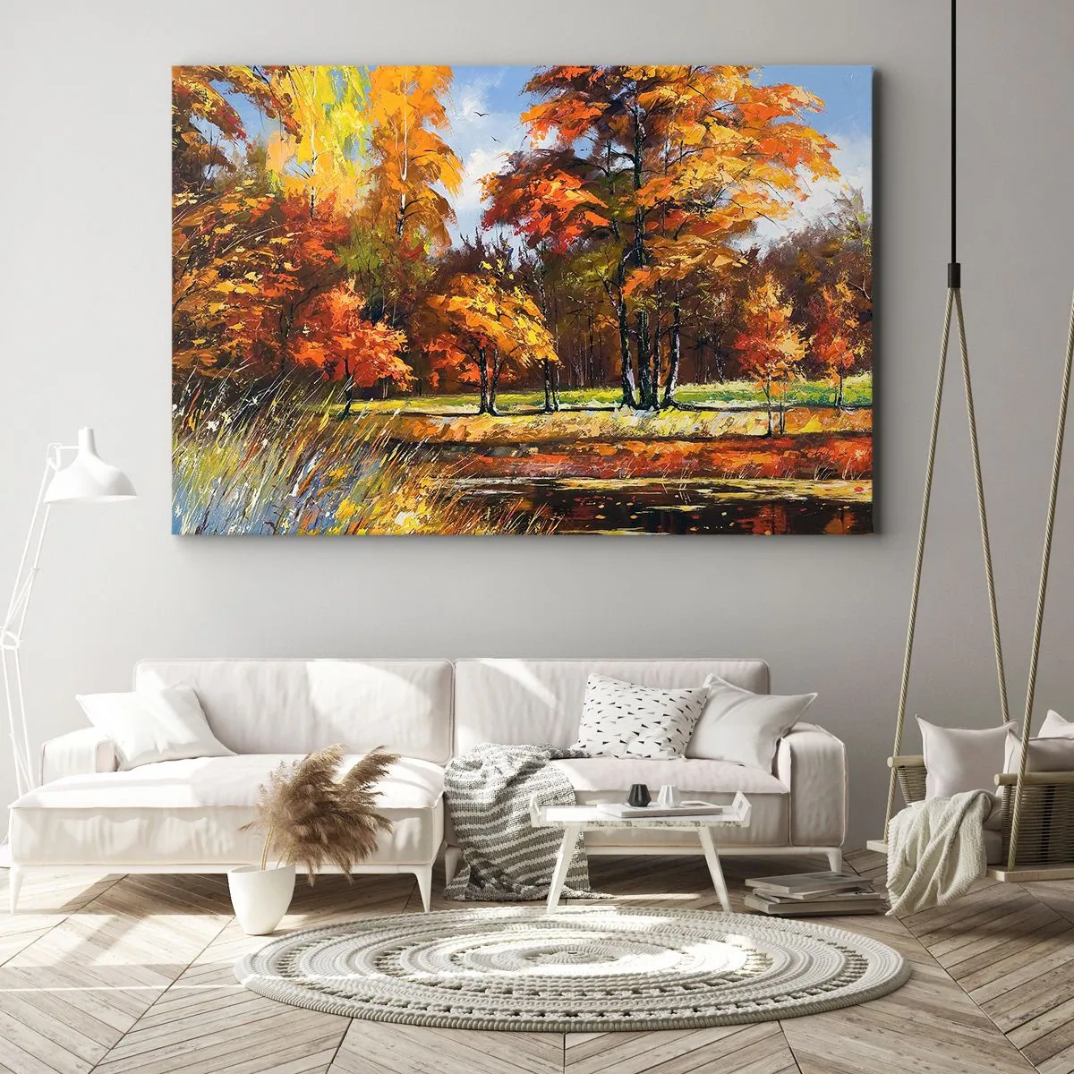 Bild auf Leinwand - Leinwandbild - Herbstlandschaft mit bunten Bäumen und einem Teich - 100x70cm - Landschaft in Gold und Bronze - Moderne Wanddekoration für Wohnzimmer und Schlafzimmer ARTTOR