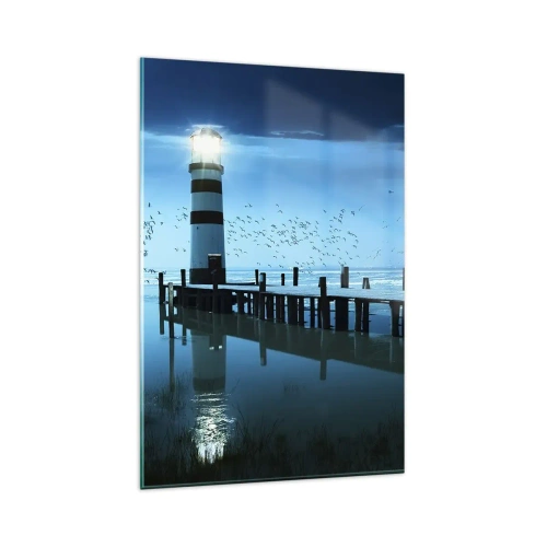 Glasbild - Bild auf glas - Der Leuchtturm am Pier beleuchtet in der Nacht - 80x120cm - Und du hast keine Angst vor der Dunkelheit - Moderne Wanddekoration für Wohnzimmer und Schlafzimmer ARTTOR