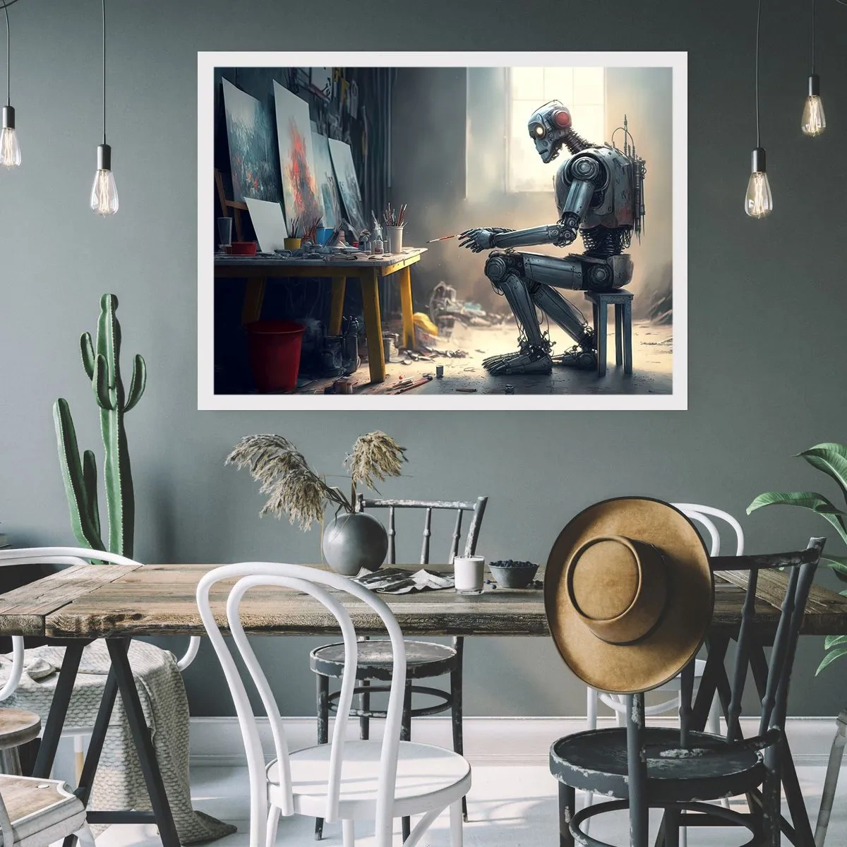 Poster - Ein Roboter malt ein Bild in einem Kunstatelier - 100x70cm - Schöpfungsakt - Moderne Wanddekoration für Wohnzimmer und Schlafzimmer ARTTOR