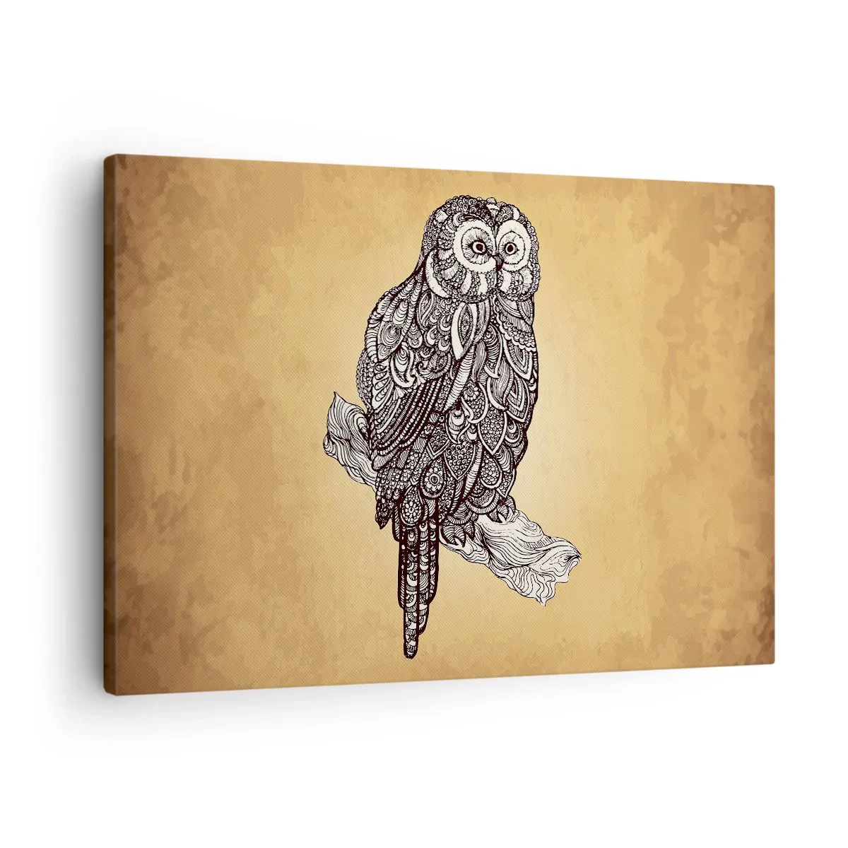 Bild auf Leinwand - Leinwandbild - Eine Eule im Ornamentstil auf beigem Hintergrund - 70x50cm - Kunstvolle Ornamente der Weisheit - Moderne Wanddekoration für Wohnzimmer und Schlafzimmer ARTTOR