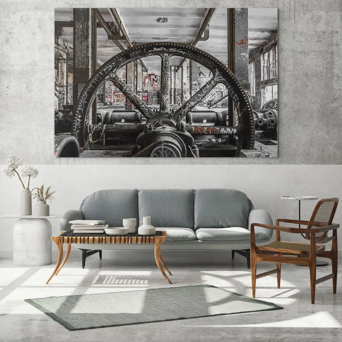 Glasbild - Bild auf glas - Historisches Industrieinterieur mit Zahnrad - 120x80cm - Das geheime Leben der Fabrik - Moderne Wanddekoration für Wohnzimmer und Schlafzimmer ARTTOR