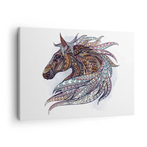 Bild auf Leinwand - Leinwandbild - Ein geometrisches Pferd mit einer farbenfrohen, detaillierten Mähne - 70x50cm - Keltisches Kriegsross - Moderne Wanddekoration für Wohnzimmer und Schlafzimmer ARTTOR