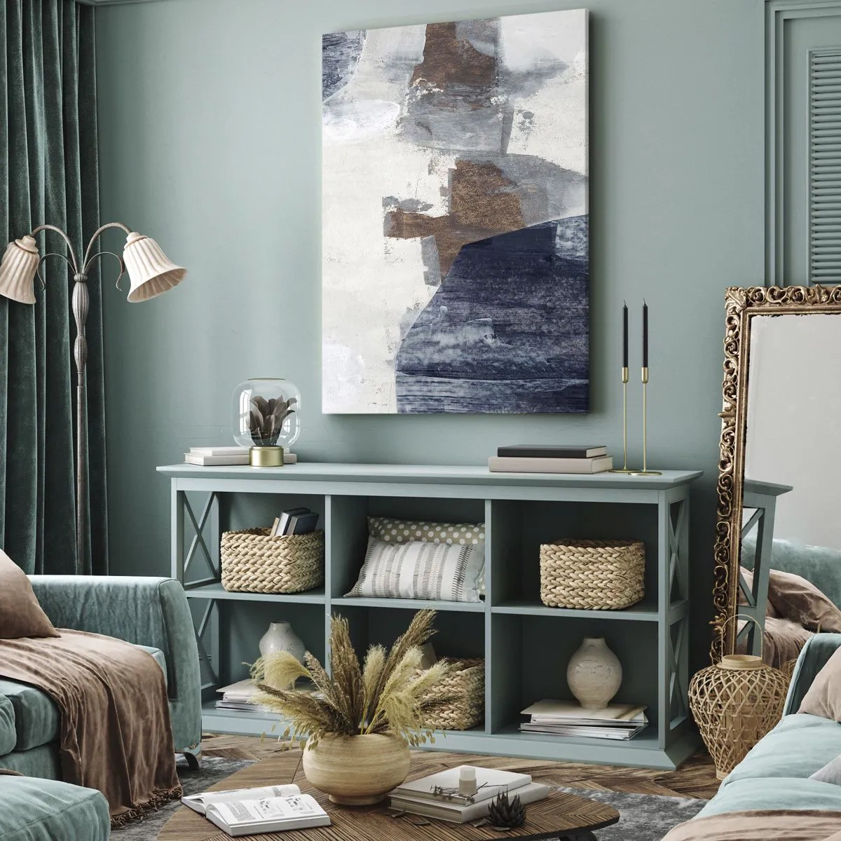 Bild auf Leinwand - Leinwandbild - Abstrakte Formen in Blau- und Brauntönen - 70x100cm - Blaue und braune Formen - Moderne Wanddekoration für Wohnzimmer und Schlafzimmer ARTTOR