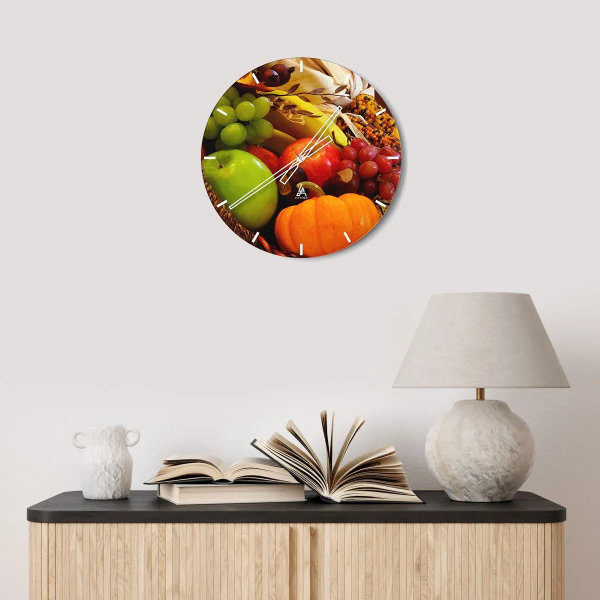 Wanduhr - Glasuhr - Herbstliches Obst und Gemüse in einem Korb - 30x30cm - Ein Korb voller Ernte - Moderne Wanddekoration für Wohnzimmer, Küche und Schlafzimmer ARTTOR