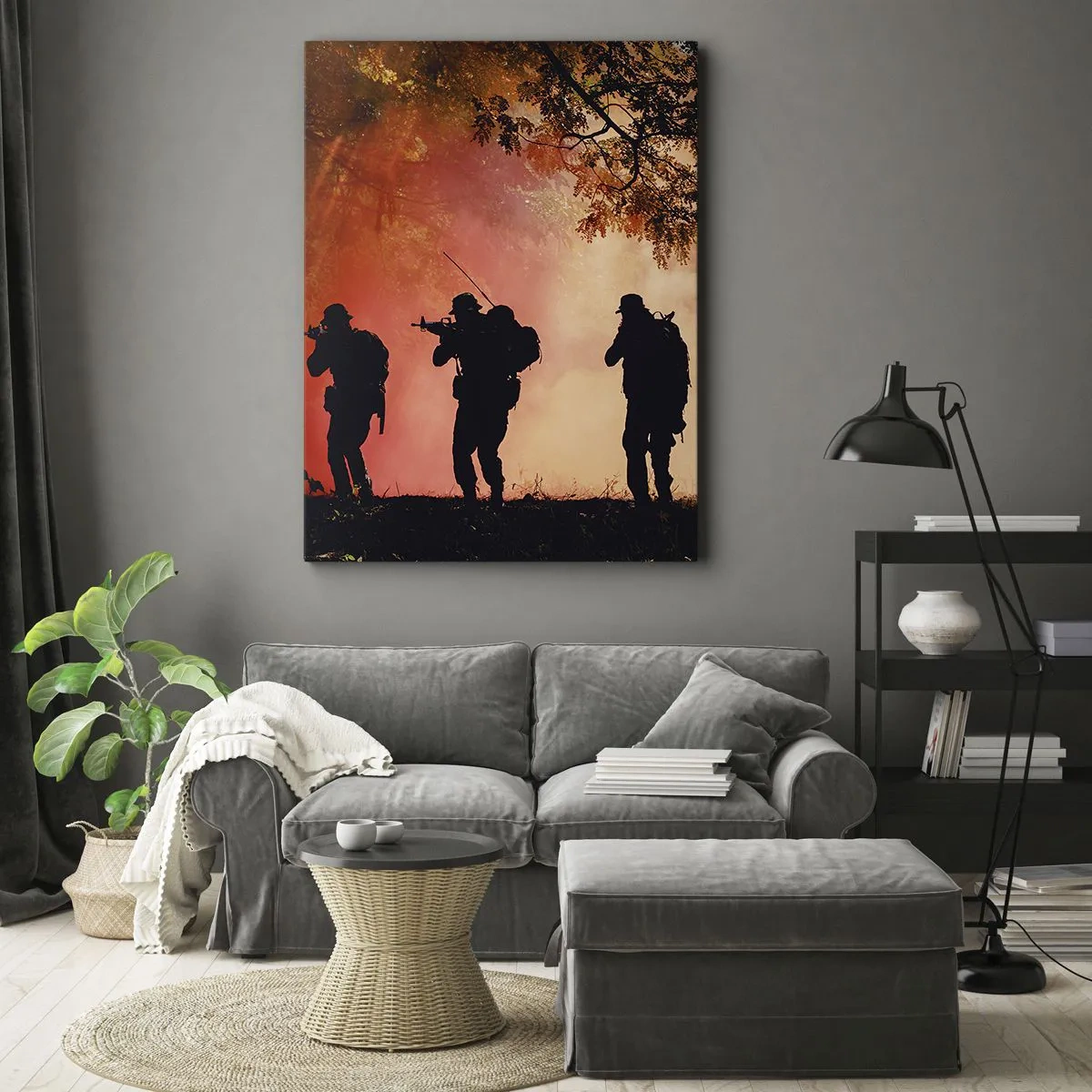 Bild auf Leinwand - Leinwandbild - Silhouetten von Soldaten im Wald vor dem orangefarbenen Himmel - 70x100cm - … Alle für einen. - Moderne Wanddekoration für Wohnzimmer und Schlafzimmer ARTTOR