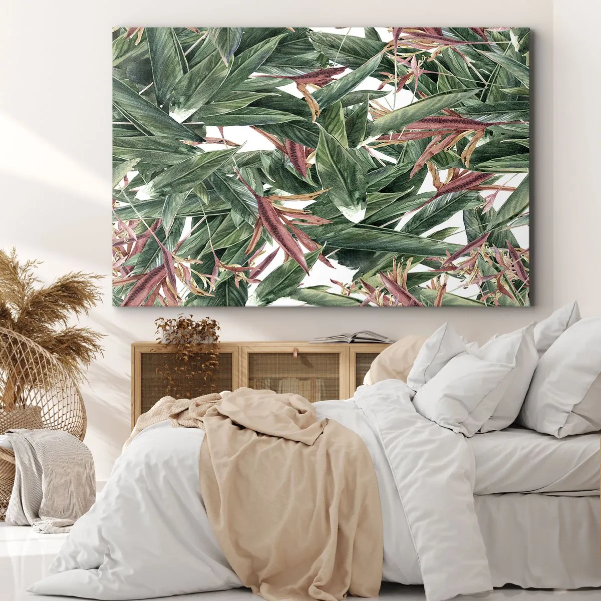 Bild auf Leinwand - Leinwandbild - Ein dekoratives Blattmotiv in Grün- und Burgundertönen auf hellem Hintergrund - 120x80cm - Smaragd-lila Dickicht - Moderne Wanddekoration für Wohnzimmer und Schlafzimmer ARTTOR