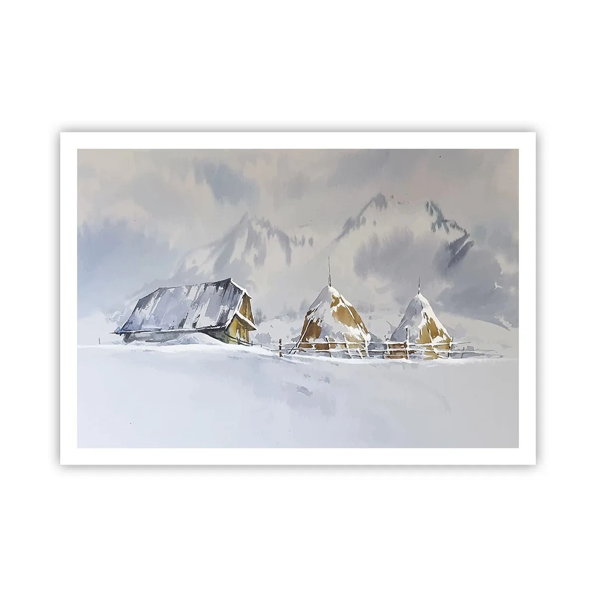 Poster - Winterlandschaft mit Hütte und Heuhaufen in den Bergen - 100x70cm - In einem verschneiten Talkessel - Moderne Wanddekoration für Wohnzimmer und Schlafzimmer ARTTOR