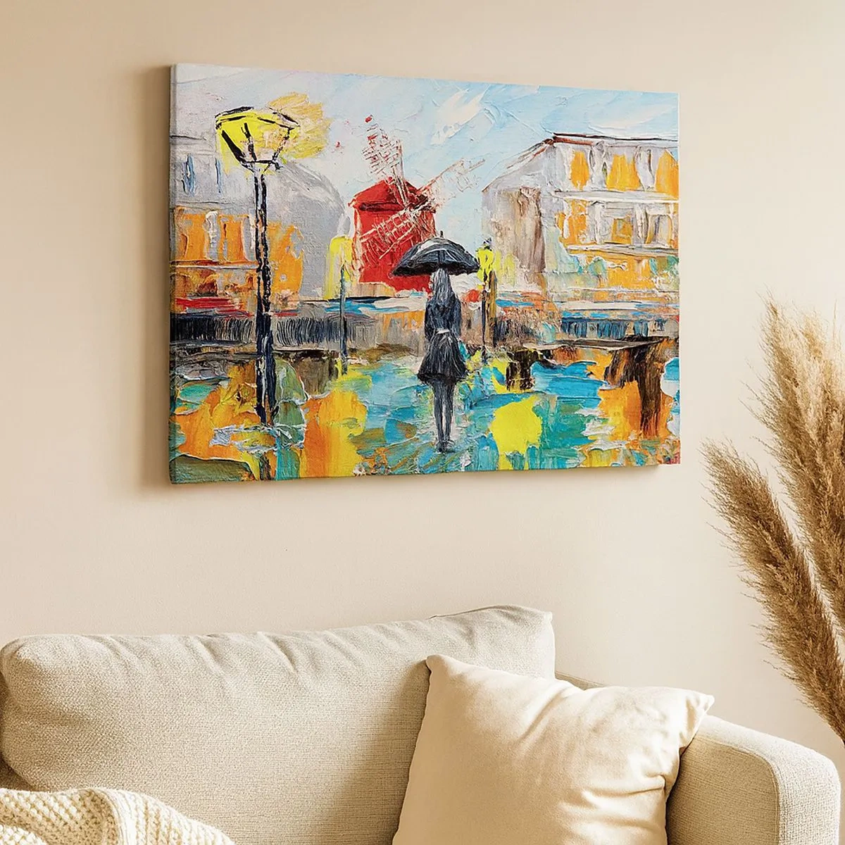 Bild auf Leinwand - Leinwandbild - Eine malerische Szene mit einem Regenschirm vor der Kulisse von Paris in leuchtenden Farben. - 70x50cm - Pariser Legenden - Moderne Wanddekoration für Wohnzimmer und Schlafzimmer ARTTOR