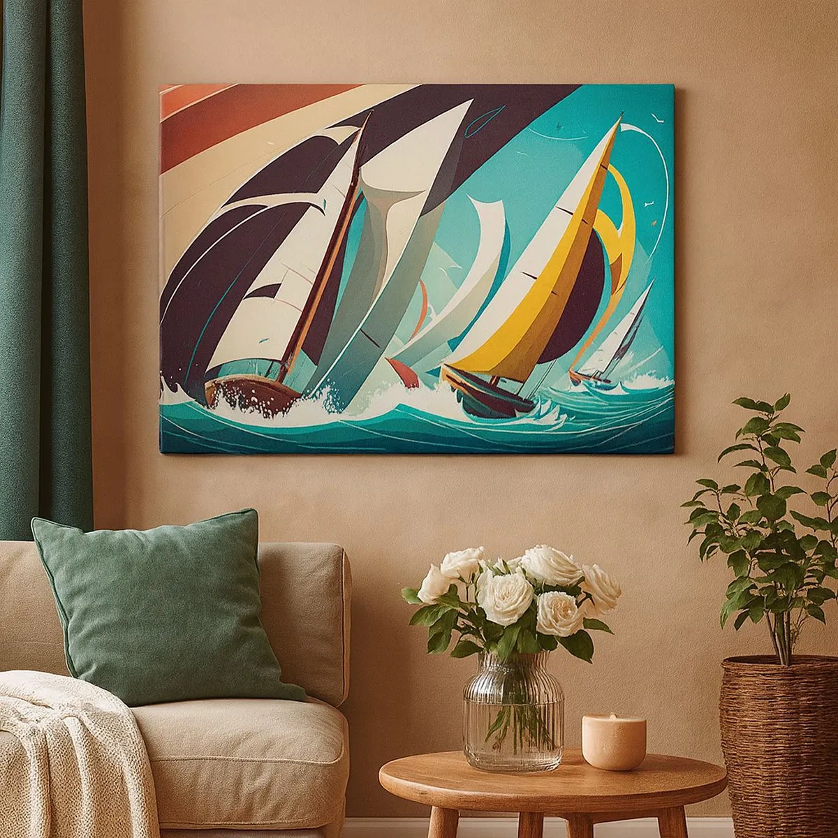 Bild auf Leinwand - Leinwandbild - Eine dynamische Illustration von Segelbooten in stürmischer See. - 70x50cm - Viel Glück mit den Elementen - Moderne Wanddekoration für Wohnzimmer und Schlafzimmer ARTTOR