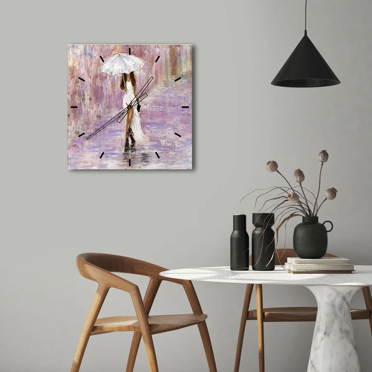 Wanduhr - Glasuhr - Im lila Regen - 30x30 cm