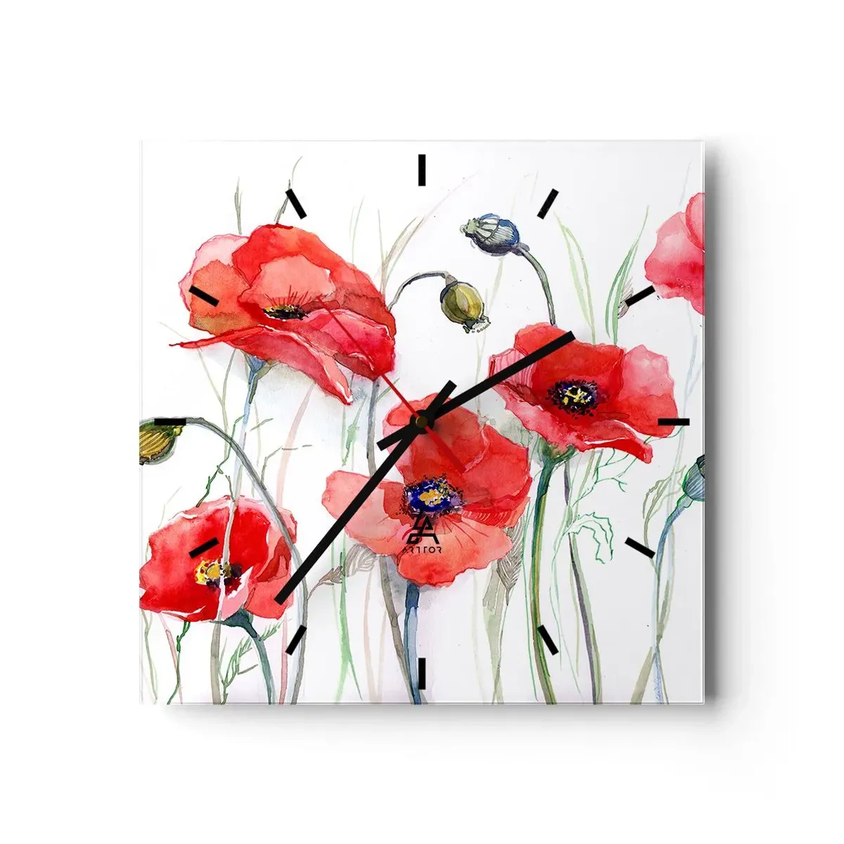 Wanduhr - Glasuhr - Aquarell-Mohnblumen auf zartem Hintergrund - 30x30cm - Polnische Blumen - Moderne Wanddekoration für Wohnzimmer und Schlafzimmer ARTTOR
