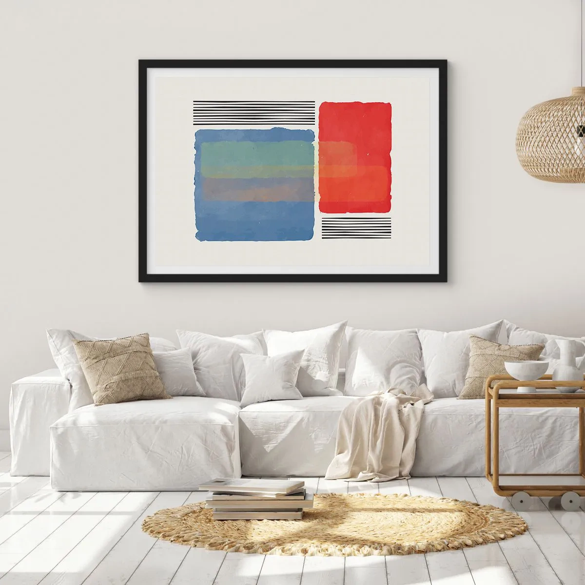 Poster in einem schwarzem Rahmen - Geometrische Komposition mit farbigen Blöcken und Linien - 70x50cm - Der Geist und der Buchstabe der Geometrie - Moderne Wanddekoration für Wohnzimmer und Schlafzimmer ARTTOR