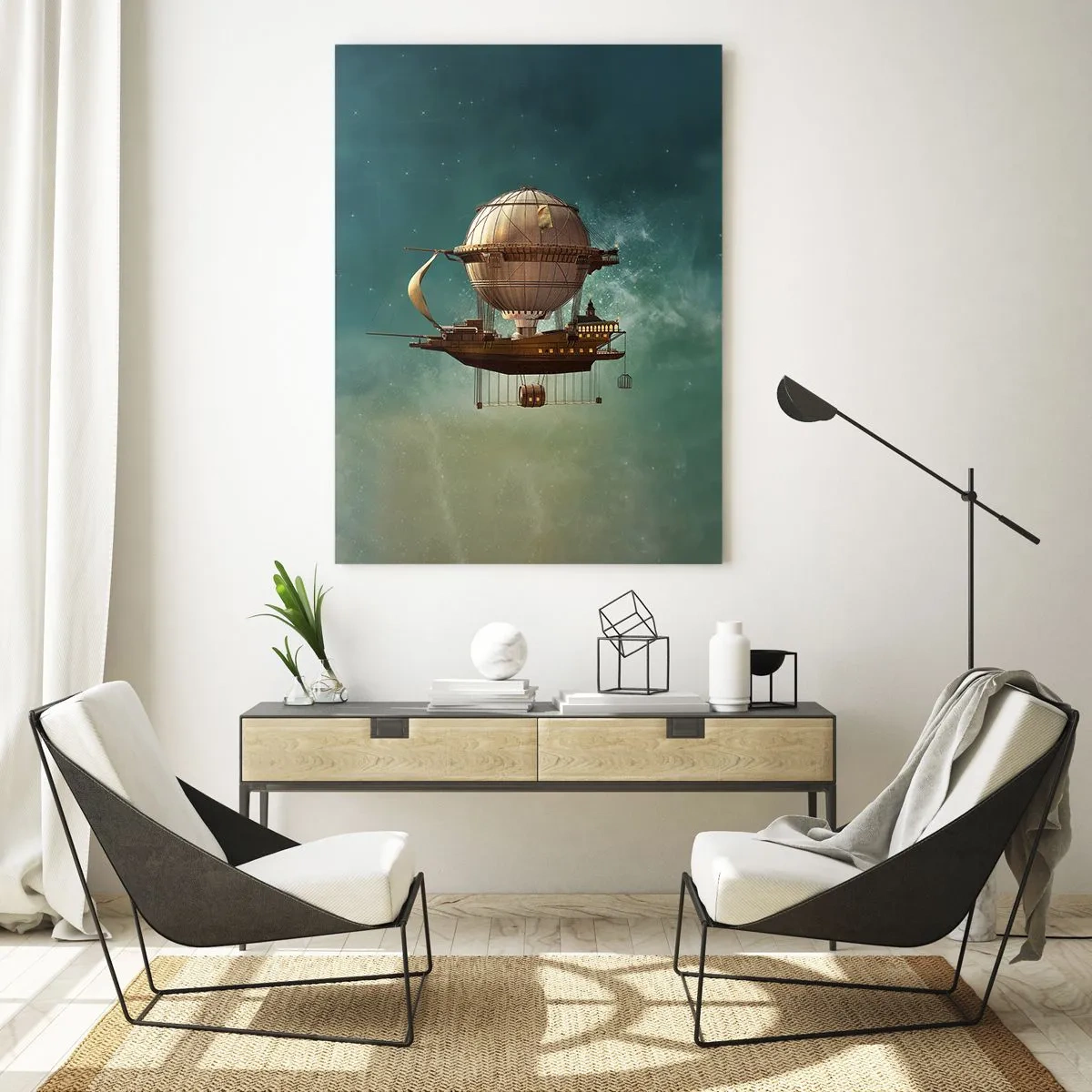 Glasbild - Bild auf glas - Ein fliegendes Luftschiff mit einem Haus im Retro-Stil am Himmel - 50x70cm - Jules Verne sagt Hallo - Moderne Wanddekoration für Wohnzimmer und Schlafzimmer ARTTOR