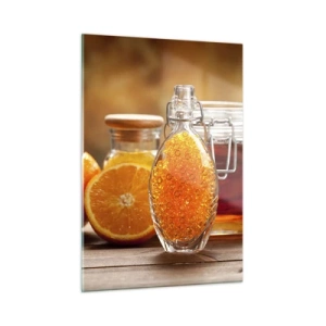 Glasbild - Bild auf glas - Eine Flasche Öl und eine Orange auf einem Holztisch - 50x70cm - Sonnige Aromen und Düfte - Moderne Wanddekoration für Wohnzimmer und Schlafzimmer ARTTOR
