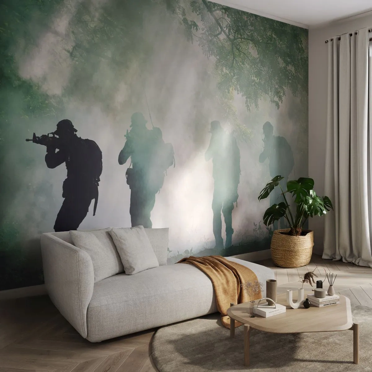 Fototapete Premium Sand - Einer für alle… - Soldat, Waffe, Gewehr - 100x70 cm