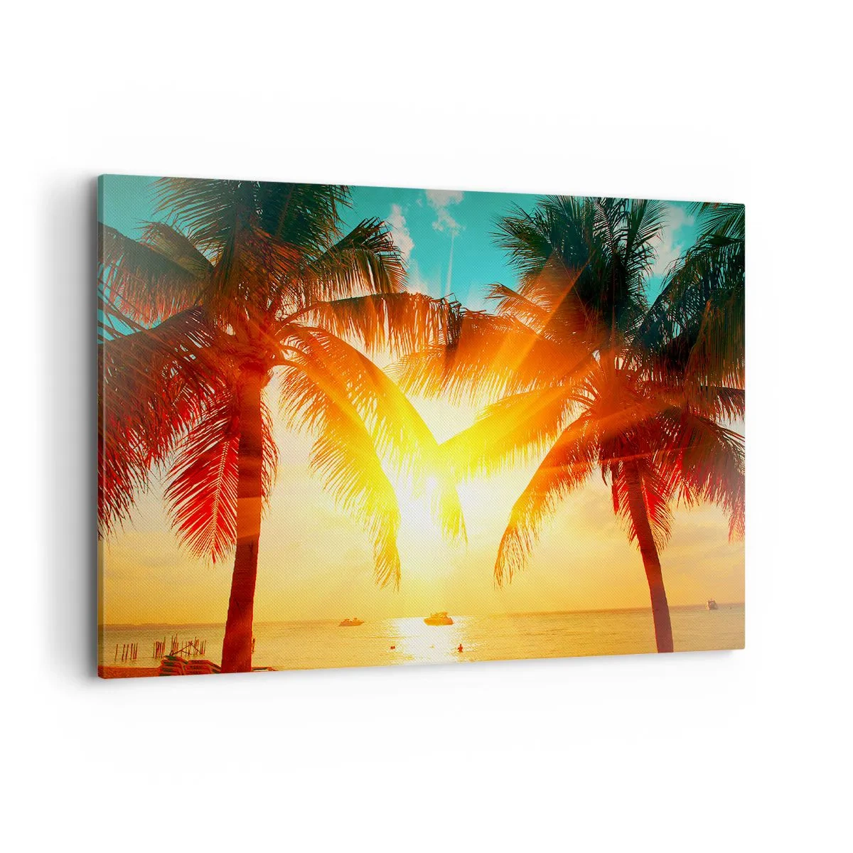 Bild auf Leinwand - Leinwandbild - Palmen, beleuchtet vom warmen Licht der untergehenden Sonne - 100x70cm - Exotisches Paar - Moderne Wanddekoration für Wohnzimmer und Schlafzimmer ARTTOR