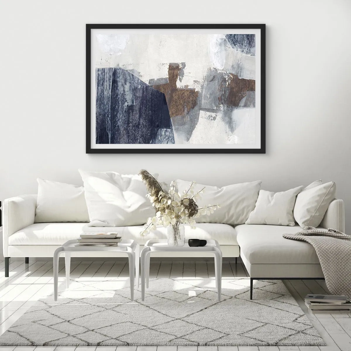 Poster in einem schwarzem Rahmen - Abstrakte Formen in Blau- und Brauntönen - 70x50cm - Blaue und braune Formen - Moderne Wanddekoration für Wohnzimmer und Schlafzimmer ARTTOR