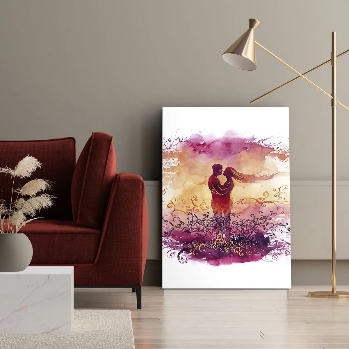 Bild auf Leinwand - Leinwandbild - Ein Paar umarmt sich vor einem abstrakten rosa und orangefarbenen Muster - 50x70cm - Ein Herz! ich brauche so wenig... - Moderne Wanddekoration für Wohnzimmer und Schlafzimmer ARTTOR