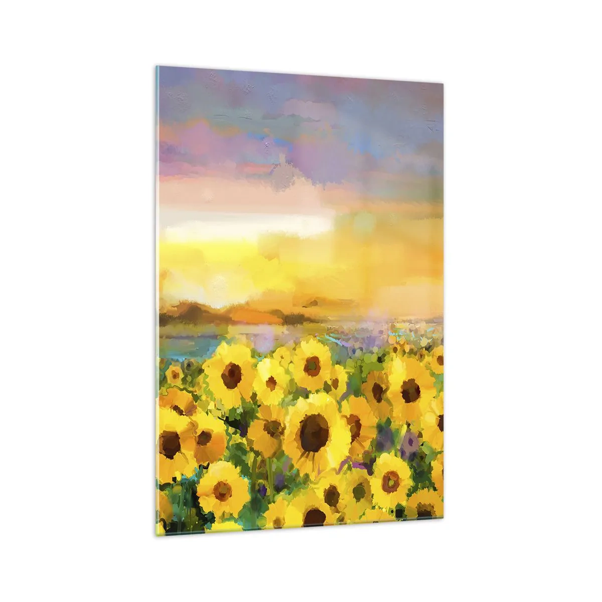 Glasbild - Bild auf glas - Ein Sonnenblumenfeld im Licht der untergehenden Sonne - 70x100cm - Die Sonne selbst ist auf die Erde herabgestiegen - Moderne Wanddekoration für Wohnzimmer und Schlafzimmer ARTTOR