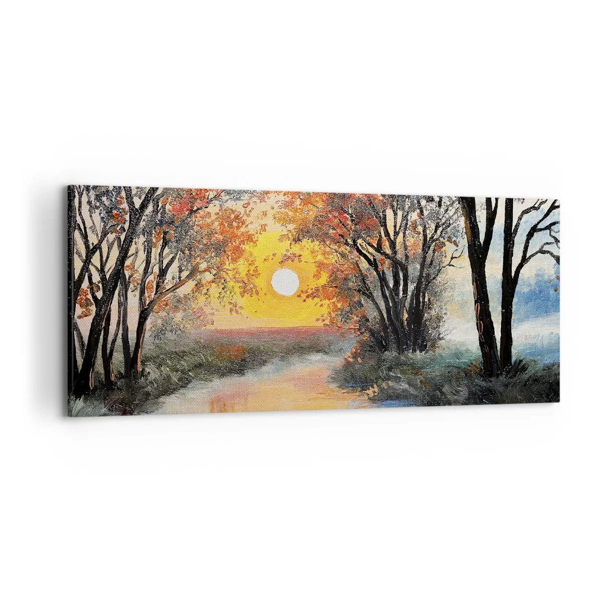 Bild auf Leinwand - Leinwandbild - Sonnenuntergang über dem Fluss in einer Herbstlandschaft - 120x50cm - Herbststimmung - Moderne Wanddekoration für Wohnzimmer und Schlafzimmer ARTTOR