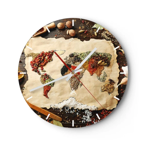 Wanduhr - Glasuhr - Weltkarte aus Gewürzen auf einem hölzernen Hintergrund - 30x30cm - Alle Aromen der Welt - Moderne Wanddekoration für Wohnzimmer, Küche und Schlafzimmer ARTTOR