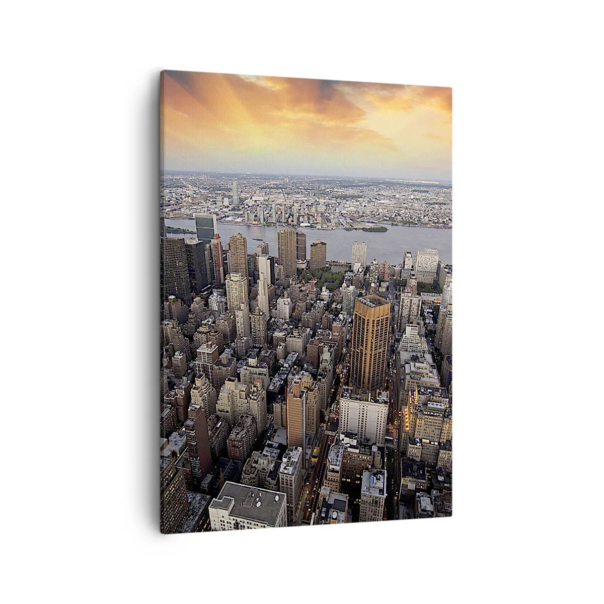 Bild auf Leinwand - Leinwandbild - Blick auf die Metropole mit der untergehenden Sonne - 50x70cm - Das schlagende Herz unserer Zeit - Moderne Wanddekoration für Wohnzimmer und Schlafzimmer ARTTOR