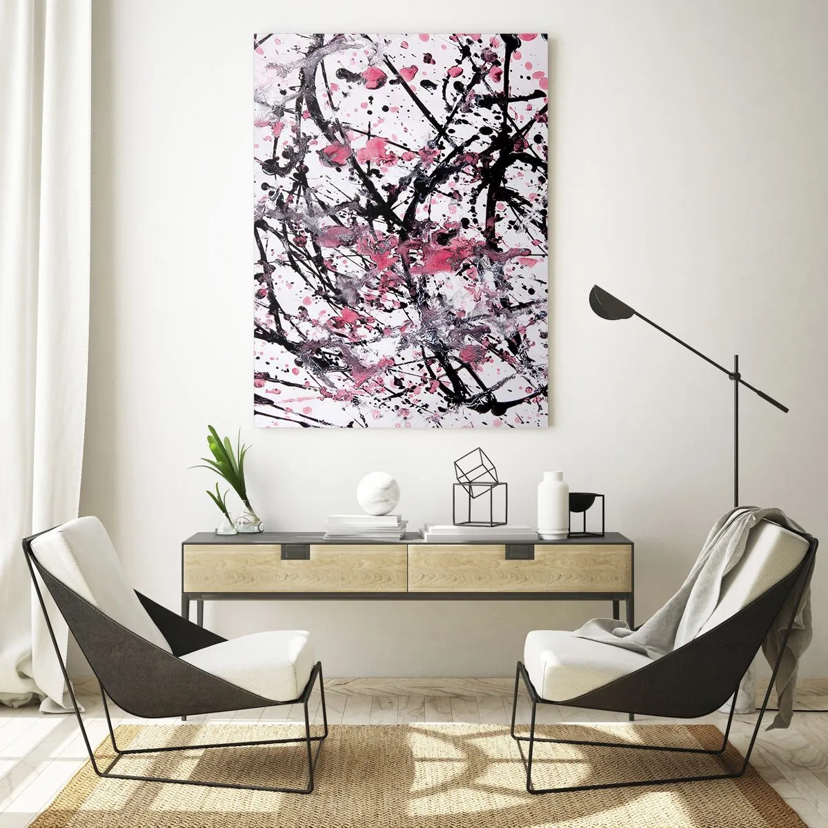 Glasbild - Bild auf glas - Dynamische abstrakte Linien und rosa Flecken auf weißem Hintergrund - 50x70cm - Die Flüchtigkeit des Lebens - Moderne Wanddekoration für Wohnzimmer und Schlafzimmer ARTTOR