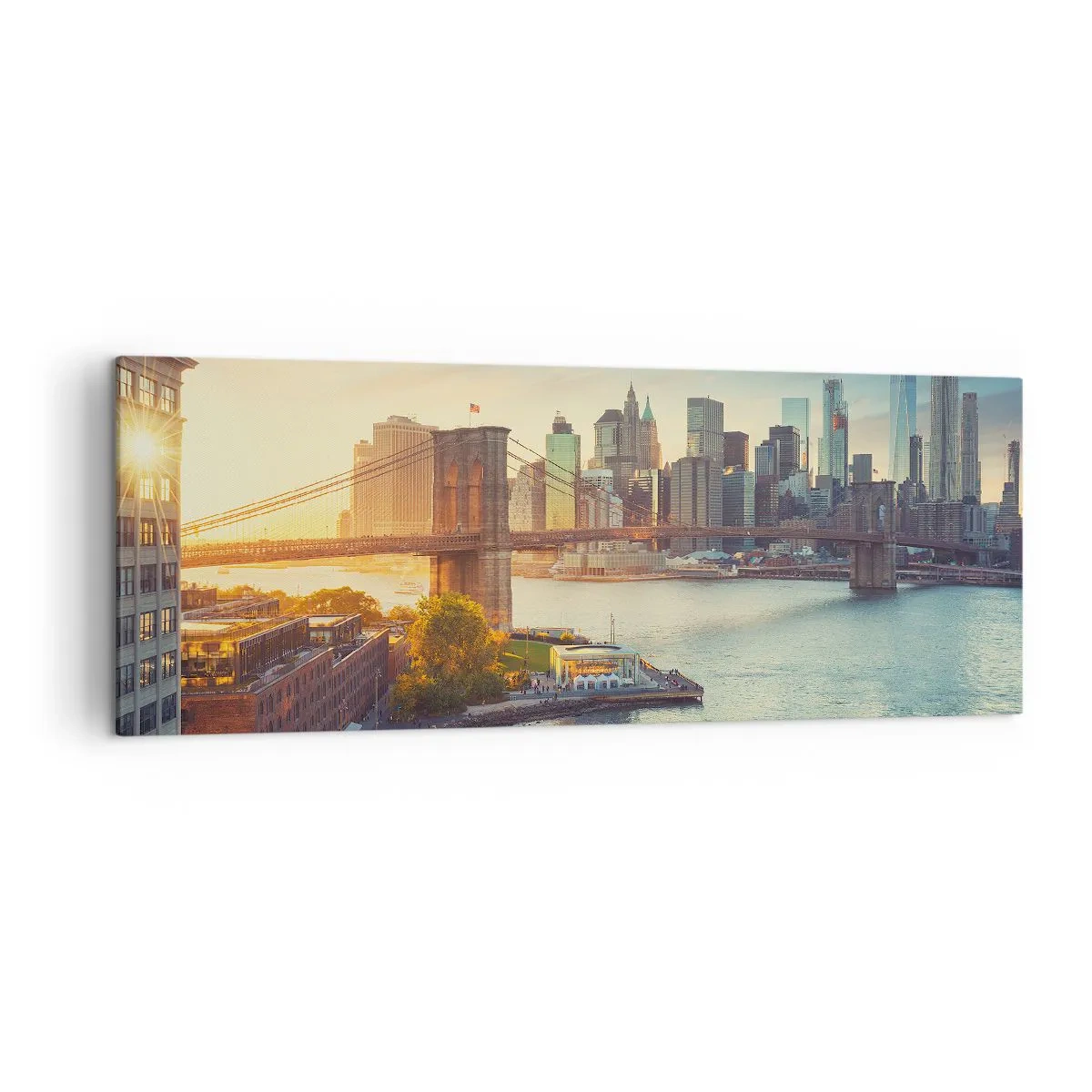 Bild auf Leinwand - Leinwandbild - Panorama der Stadt mit der Brücke bei Sonnenuntergang - 140x50cm - Morgendämmerung der Großstadt - Moderne Wanddekoration für Wohnzimmer und Schlafzimmer ARTTOR