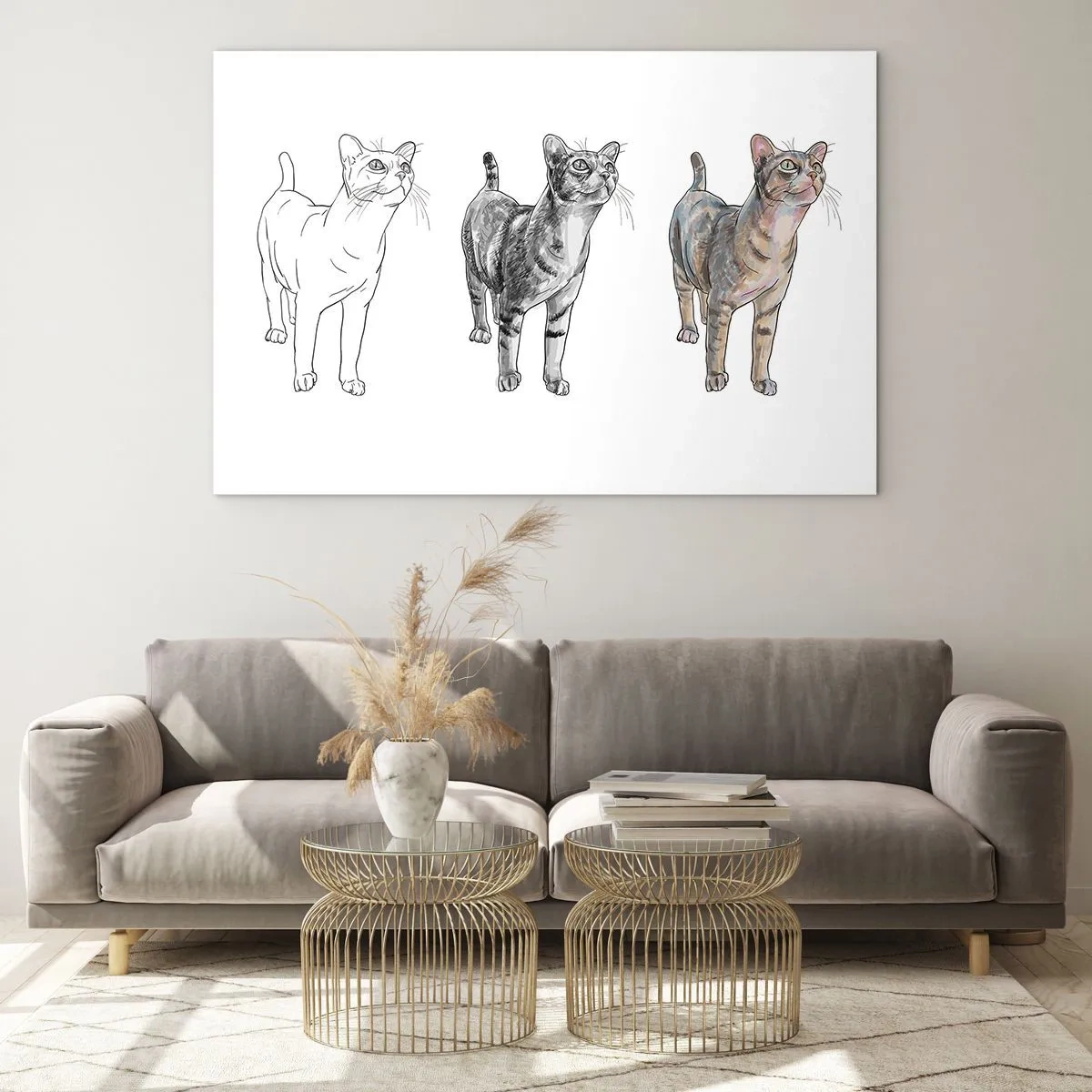 Glasbild - Bild auf glas - Die Entwicklung einer Katze von der Skizze zur Farbillustration - 100x70cm - Zeichenunterricht - Moderne Wanddekoration für Wohnzimmer und Schlafzimmer ARTTOR