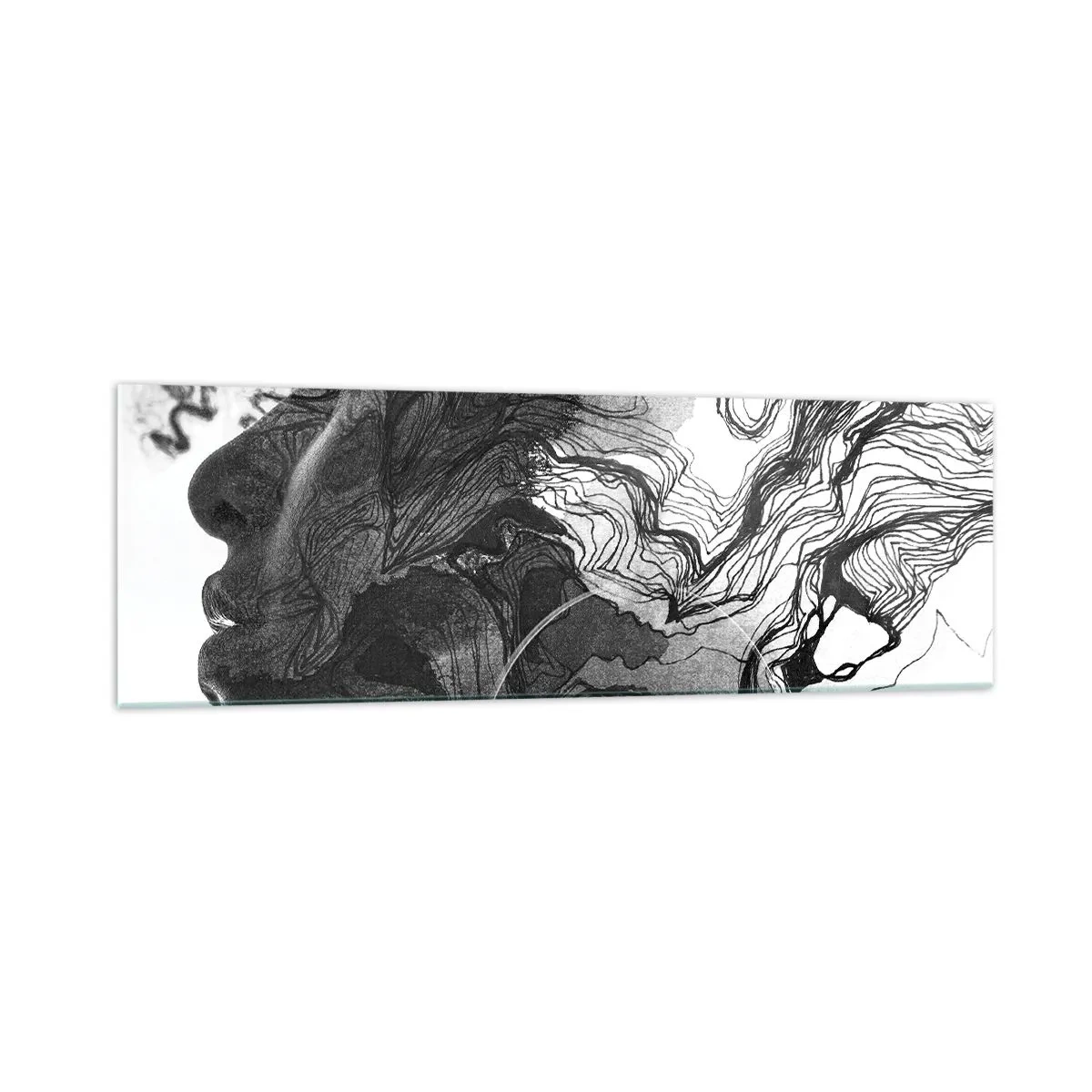 Glasbild - Bild auf glas - Abstraktes Gesicht in Schwarzweiß mit dynamischen Linien. - 160x50cm - Verstrickt in Träume - Moderne Wanddekoration für Wohnzimmer und Schlafzimmer ARTTOR