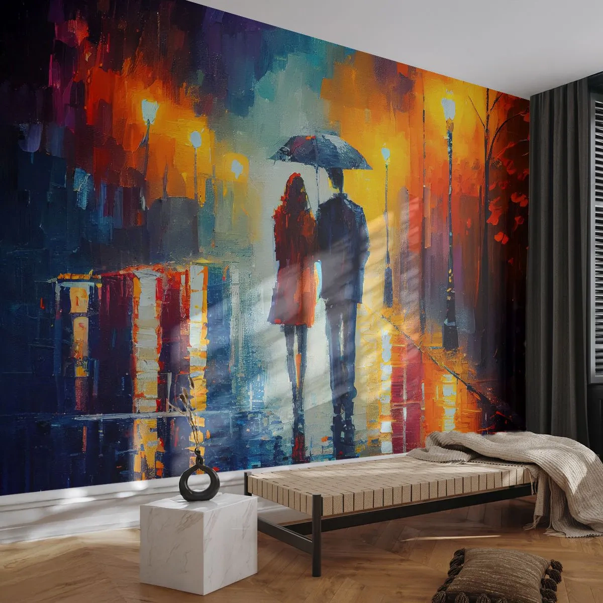 Fototapete Premium Sand - Gemeinsam – eine bunte Nacht - Paar, Romantisch, Gehen - 450x315 cm