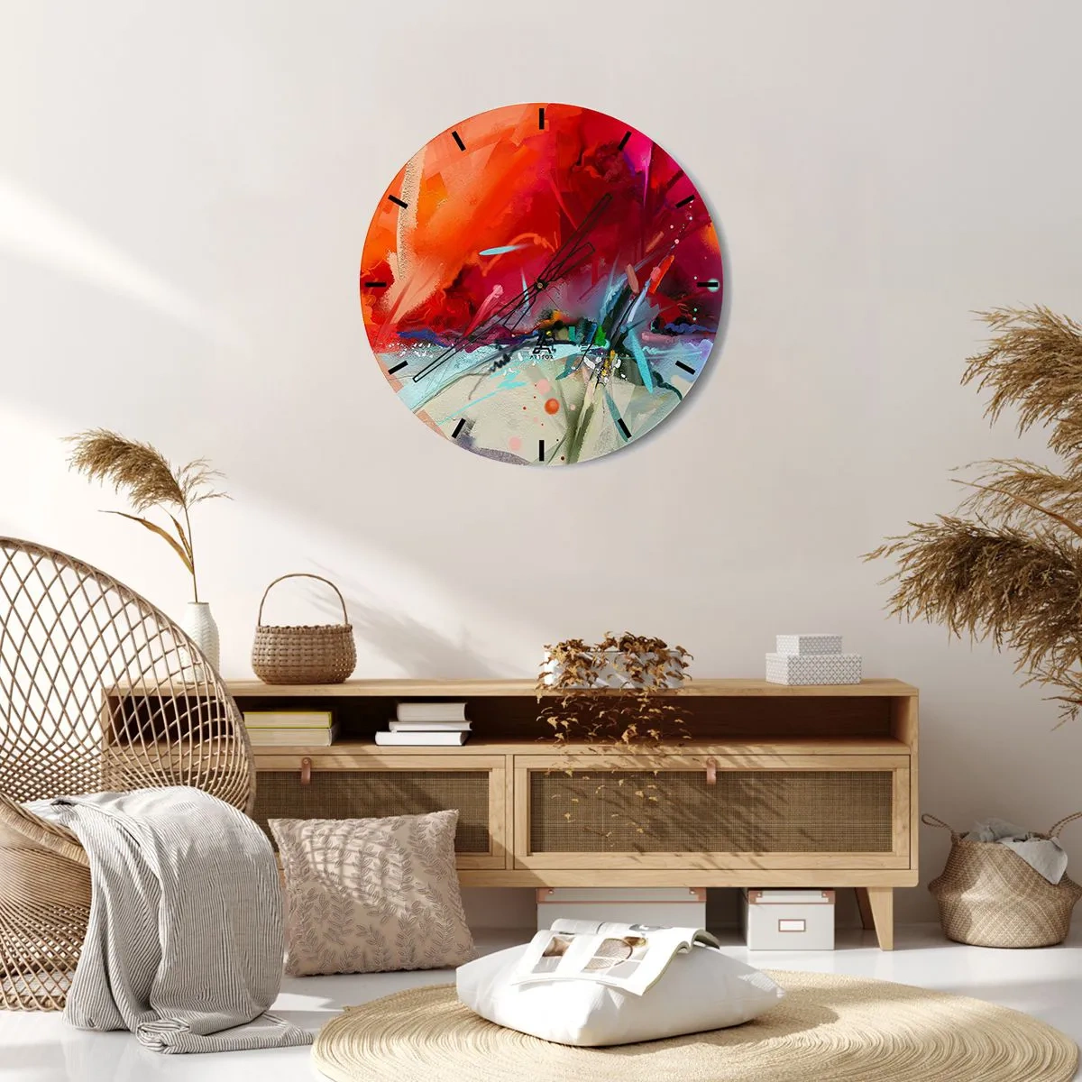 Wanduhr - Glasuhr - Ein abstraktes Spiel aus intensiven Rottönen und subtilen Details - 30x30cm - Eine Explosion von Lichtern und Farben - Moderne Wanddekoration für Wohnzimmer, Küche und Schlafzimmer ARTTOR