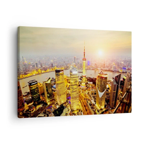 Bild auf Leinwand - Leinwandbild - Stadtpanorama mit Wolkenkratzern bei Sonnenuntergang - 70x50cm - Asiatischer Traum - Moderne Wanddekoration für Wohnzimmer und Schlafzimmer ARTTOR