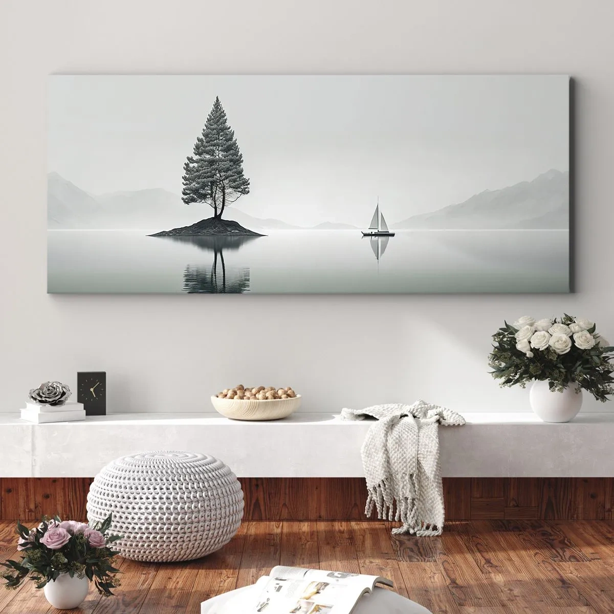 Bild auf Leinwand - Leinwandbild - Eine minimalistische Landschaft mit einem Baum auf einer Insel und einem Segelboot. - 140x50cm - Traum - Moderne Wanddekoration für Wohnzimmer und Schlafzimmer ARTTOR