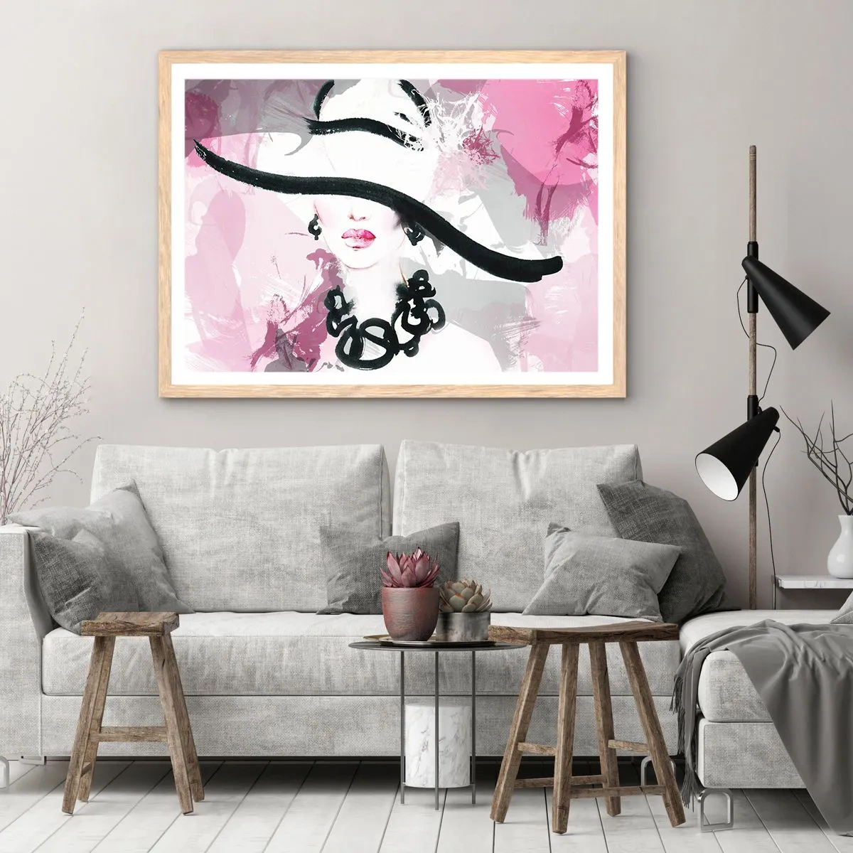 Poster in einem Rahmen aus heller Eiche - Bildnis einer Dame in Schwarz und Pink - 50x40 cm