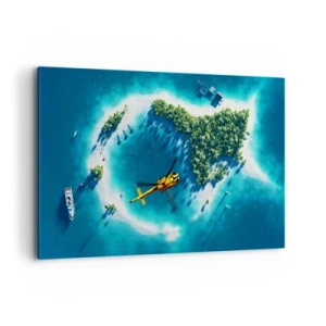 Bild auf Leinwand - Leinwandbild - Eine tropische Insel, umgeben von türkisfarbenem Wasser, mit einem Hubschrauber in Sicht - 120x80cm - Kauf dir eine Insel - Moderne Wanddekoration für Wohnzimmer und Schlafzimmer ARTTOR