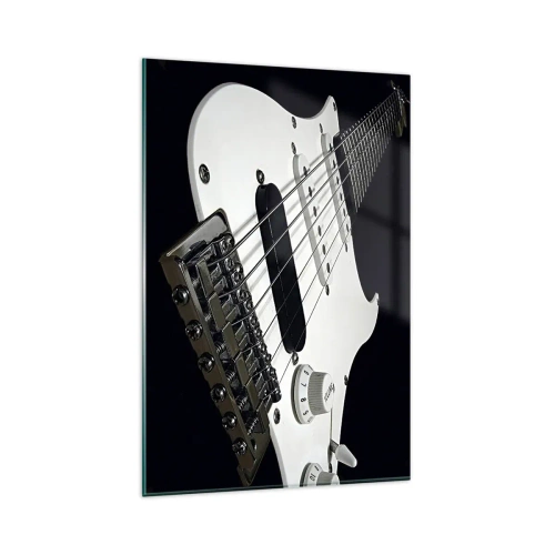 Glasbild - Bild auf glas - Nahaufnahme einer weißen E-Gitarre auf schwarzem Hintergrund. - 80x120cm - In Weiß versteckter Ton - Moderne Wanddekoration für Wohnzimmer und Schlafzimmer ARTTOR