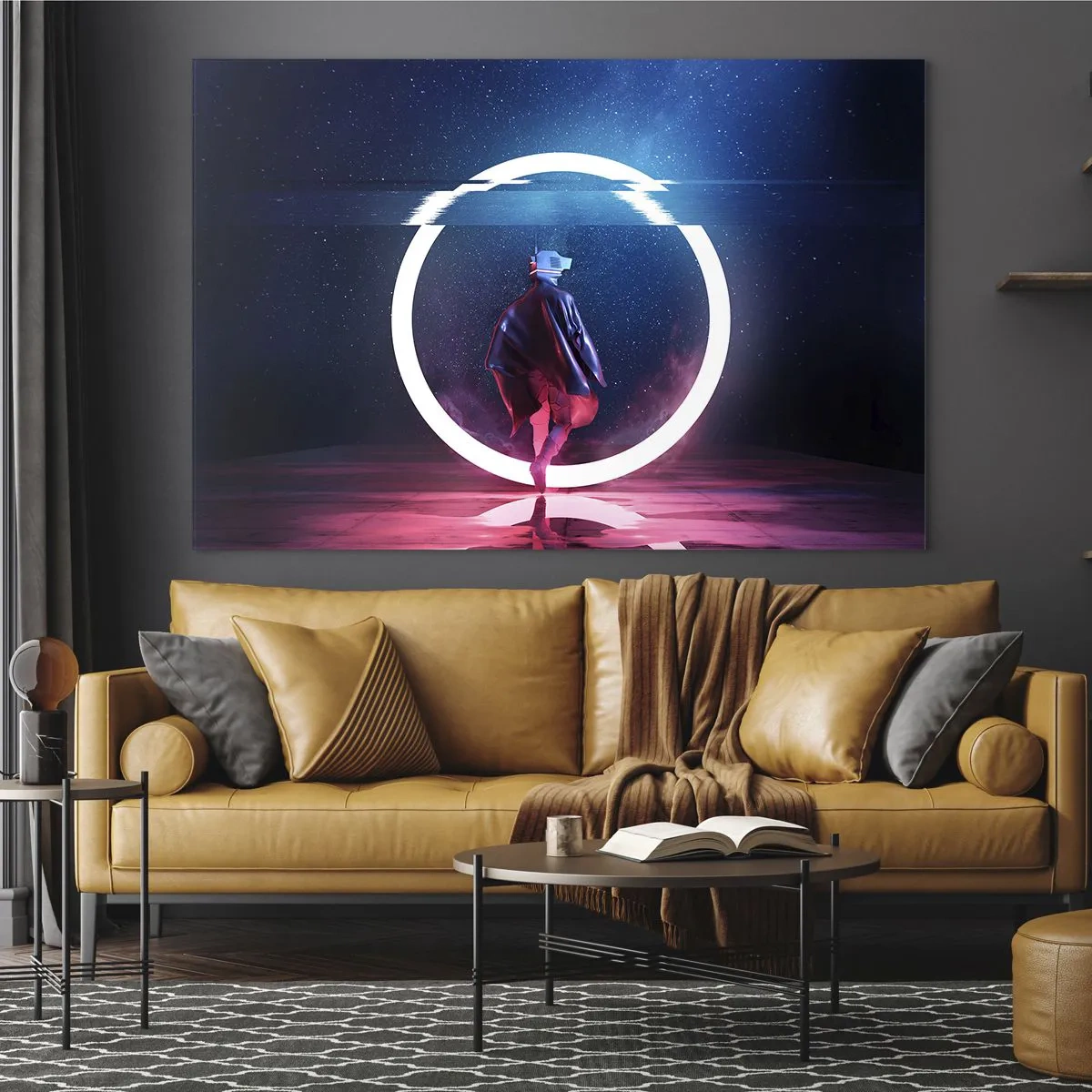 Glasbild - Bild auf glas - Eine Figur in futuristischem Setting mit Neonring - 120x80cm - Zwischen den Welten - Moderne Wanddekoration für Wohnzimmer und Schlafzimmer ARTTOR