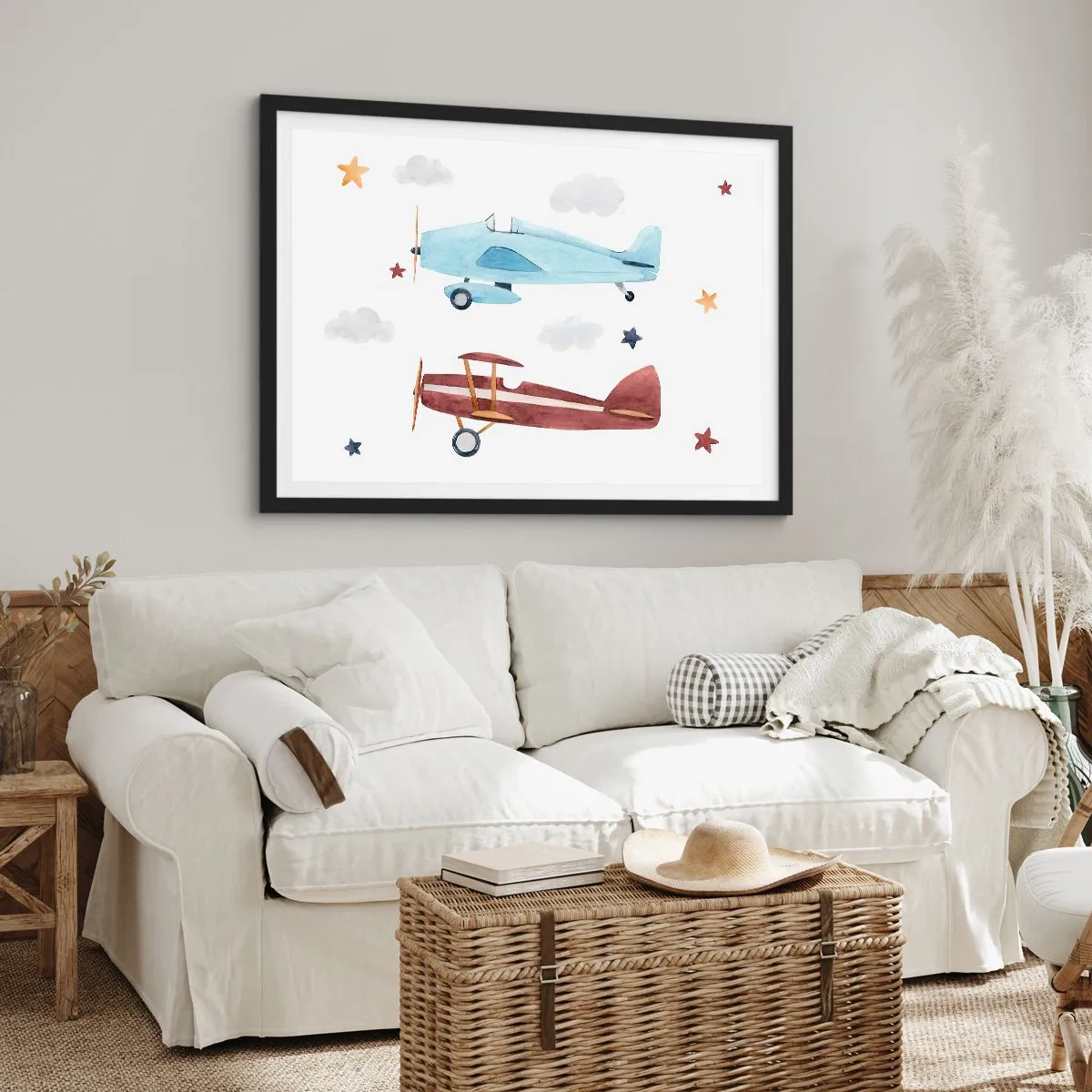 Poster in einem schwarzem Rahmen - Handbemalte Flugzeuge vor einem Hintergrund aus Wolken und Sternen - 70x50cm - Wir warten, Herr Pilot! - Moderne Wanddekoration für Wohnzimmer und Schlafzimmer ARTTOR