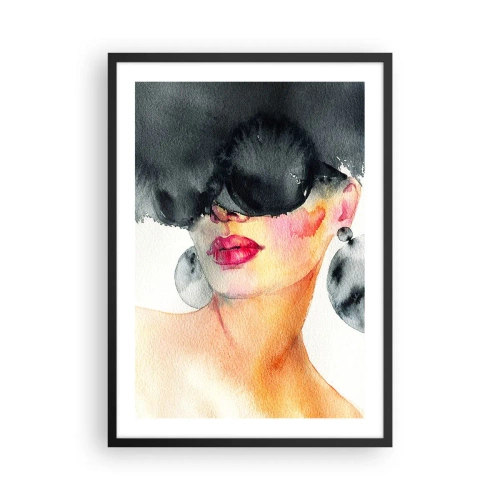 Poster in einem schwarzem Rahmen - Aquarellporträt einer Frau mit großen Ohrringen und einer schwarzen Maske. - 50x70cm - Das Geheimnis der Eleganz - Moderne Wanddekoration für Wohnzimmer und Schlafzimmer ARTTOR