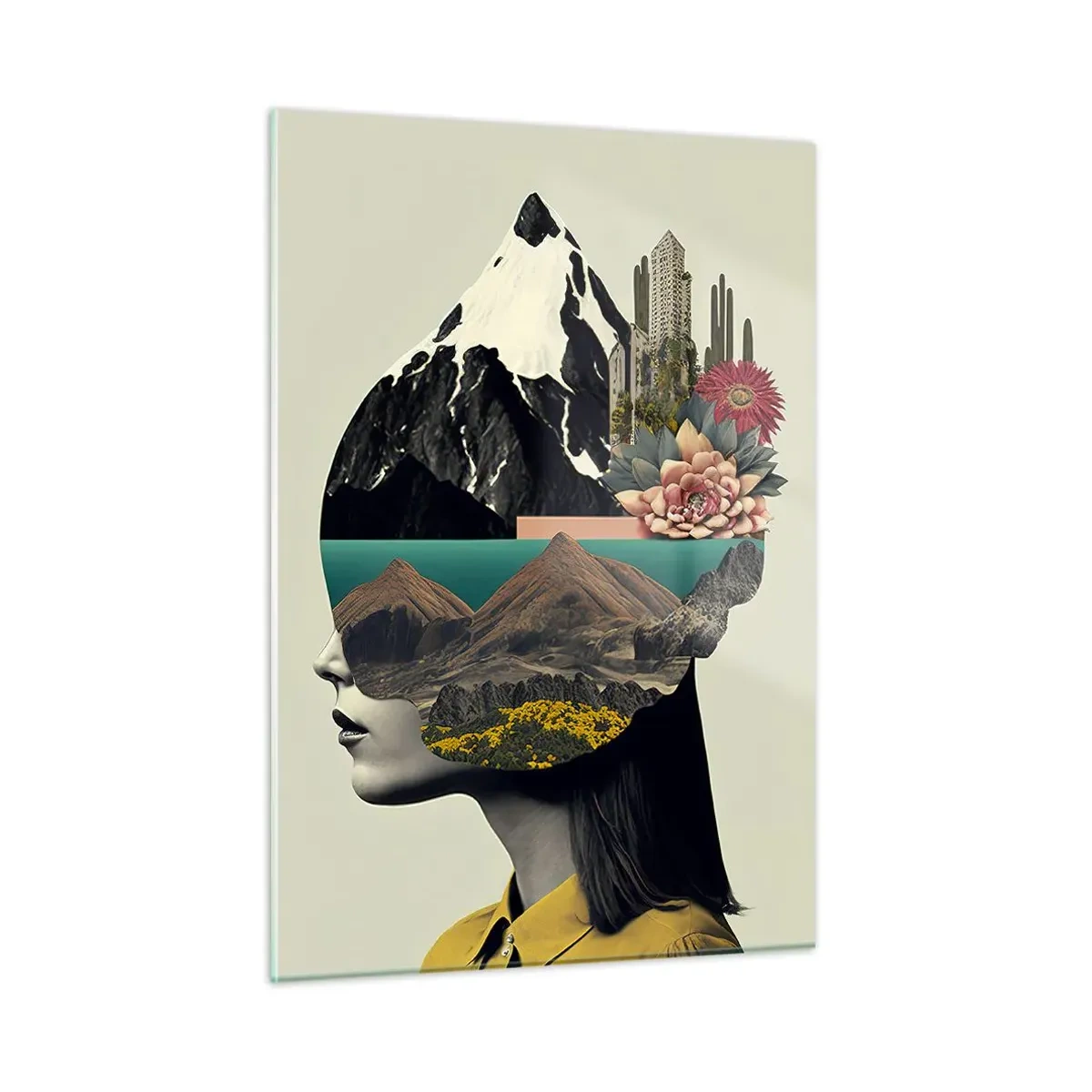 Glasbild - Bild auf glas - Silhouette einer Frau mit einer Berglandschaft und Flora im Kopf - 50x70cm - Frau – bleibt immer ein Geheimnis - Moderne Wanddekoration für Wohnzimmer und Schlafzimmer ARTTOR