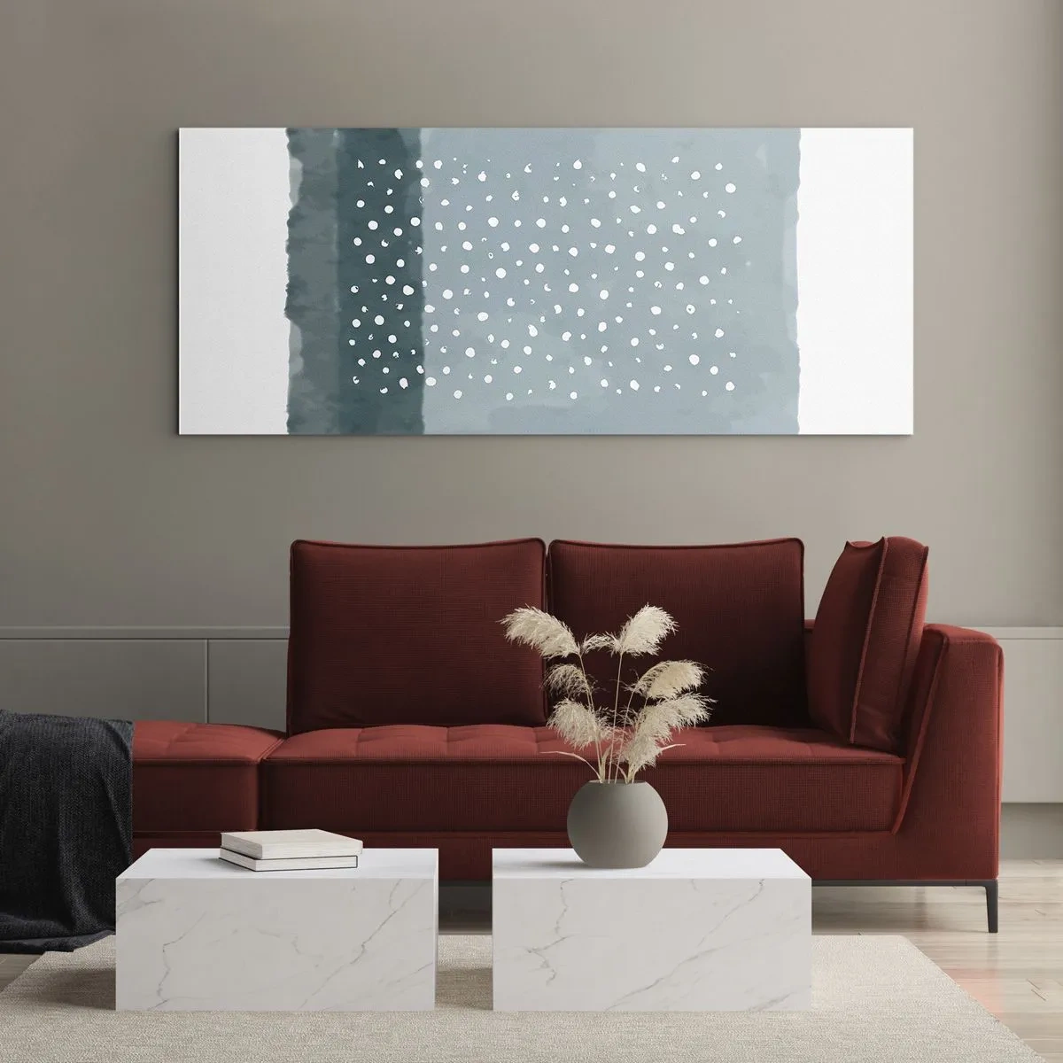 Glasbild - Bild auf glas - Ein minimalistisches Gemälde in Blautönen mit Punkten - 140x50cm - Auf Blau gewachsen - Moderne Wanddekoration für Wohnzimmer und Schlafzimmer ARTTOR